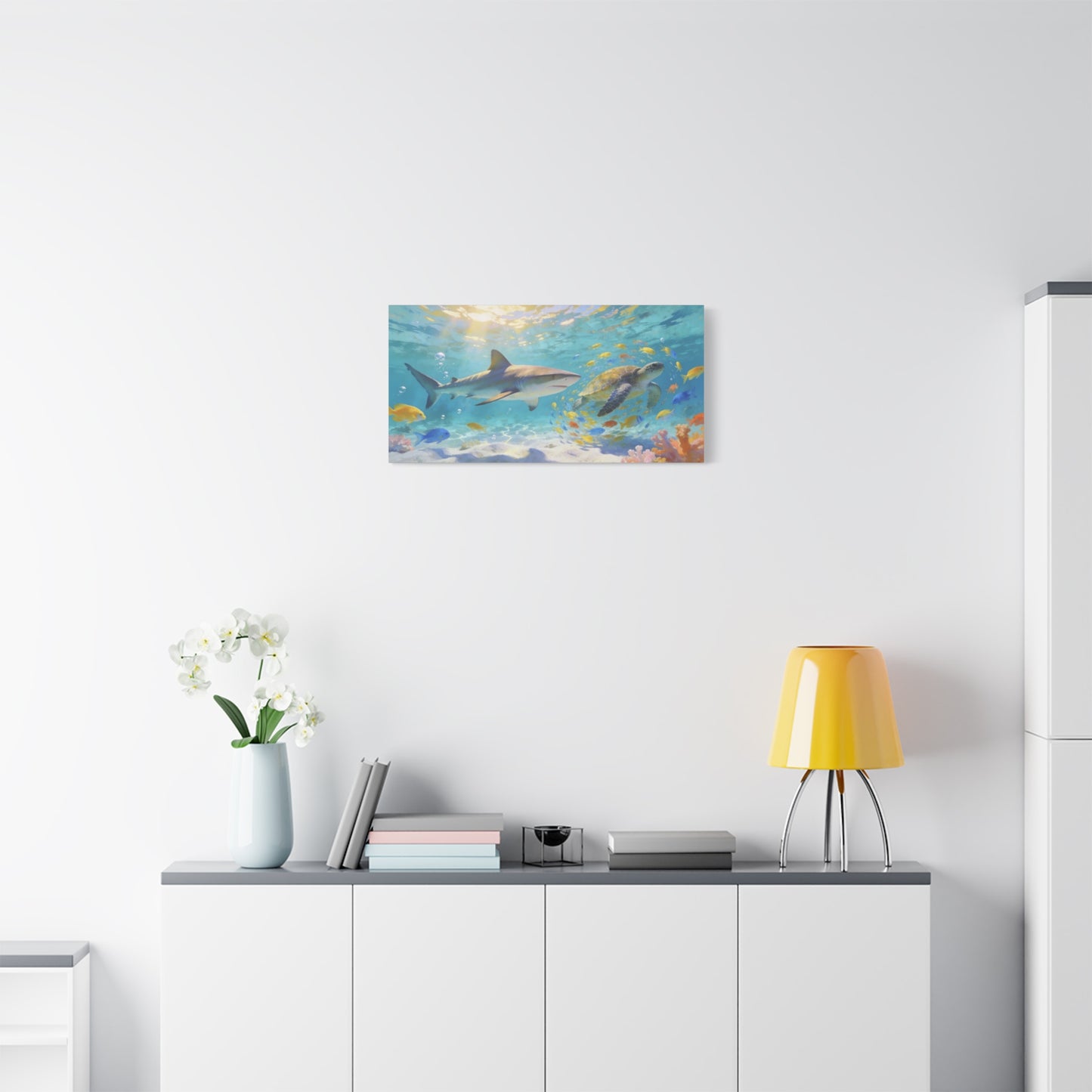 Shark Sea Turtle Canvas Wall Art - Tropical Underwater Ocean Scene, Colorful Fish Coral Reef - Matte Coastal Style - Living Room Wall Decor, Bedroom Home Decoration - Bedroom Home Decoration