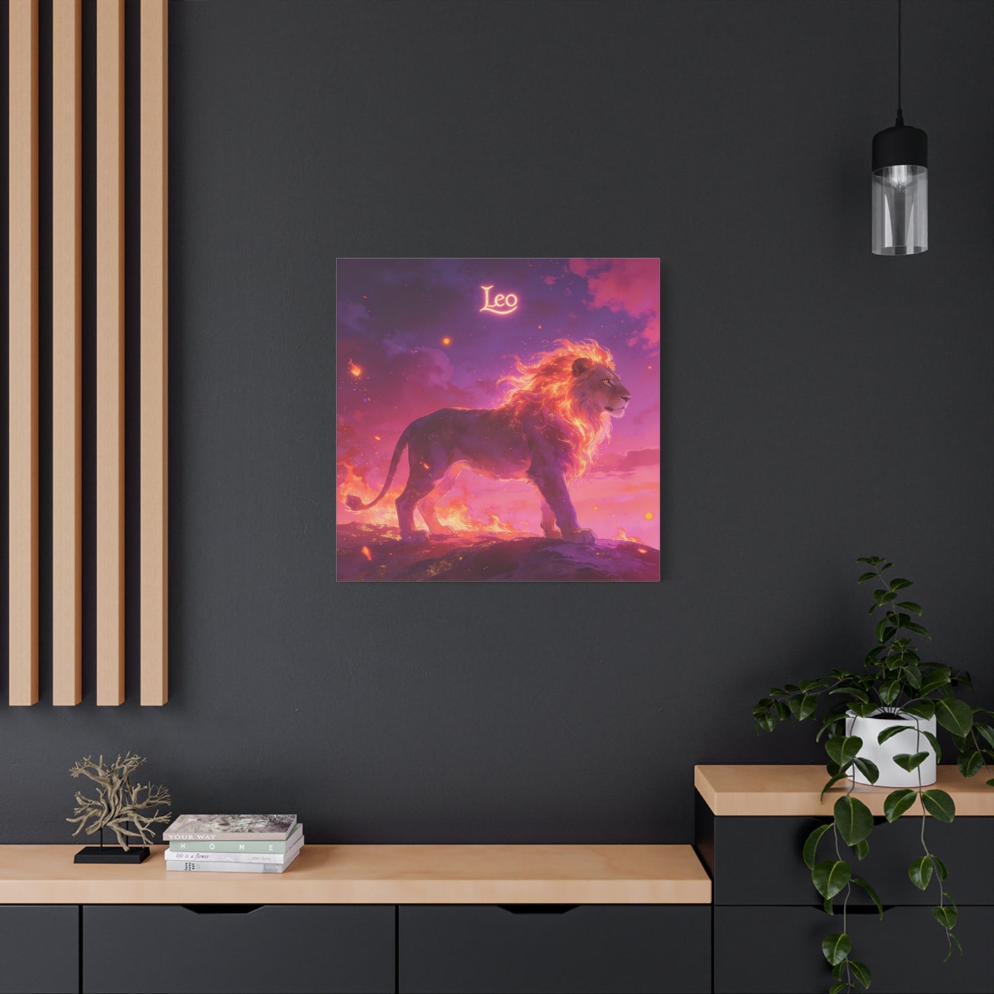 "Leo" Lion Canvas Wall Art - Fiery Zodiac Illustration, Purple Pink Sky, Matte Finish Canvas Print - Modern Astrology Decor, Bedroom Home Decoration, Office Wall Art Accent - Bedroom Home Decoration