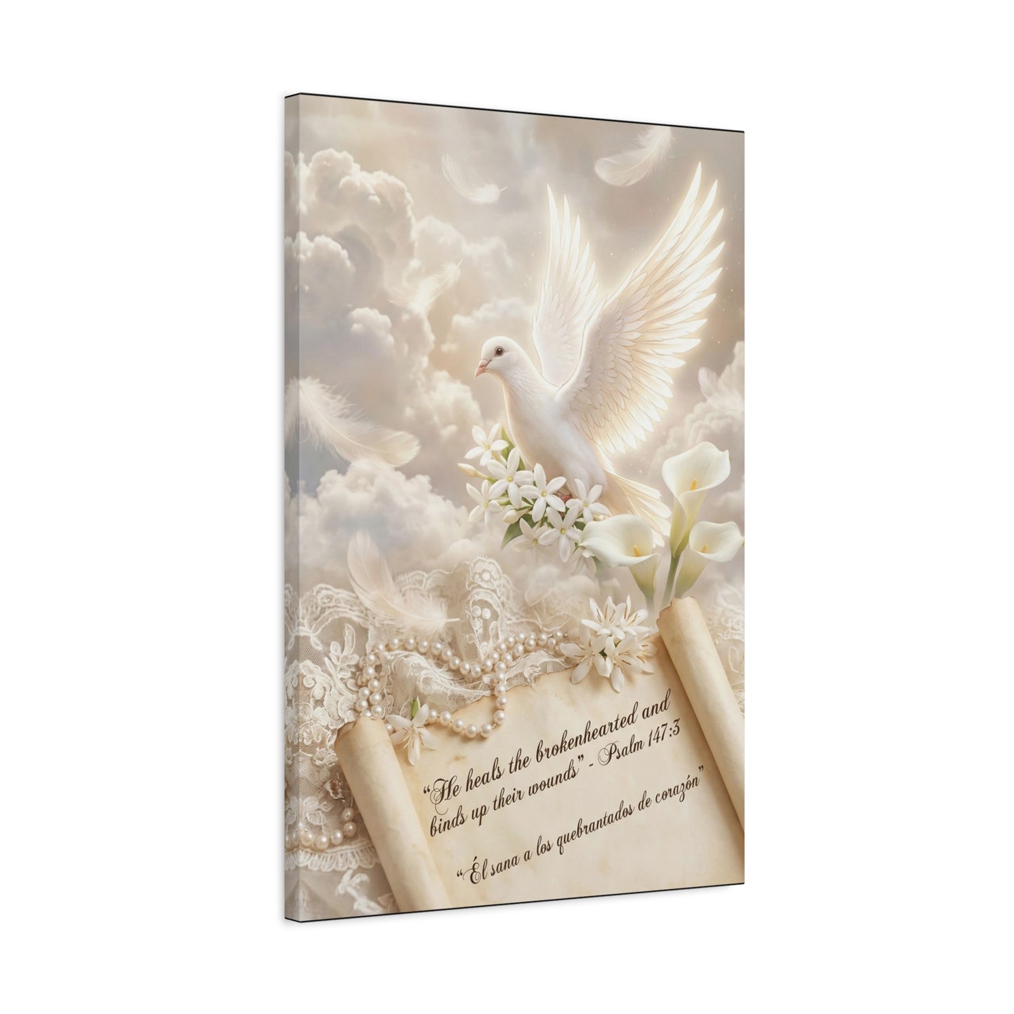 "He Heals The Brokenhearted And Binds Up Their Wounds" Dove Canvas Wall Art - Psalm 147:3 Scripture, White Lily Floral Design - Traditional Religious Decor For Bedroom - Office Wall Art