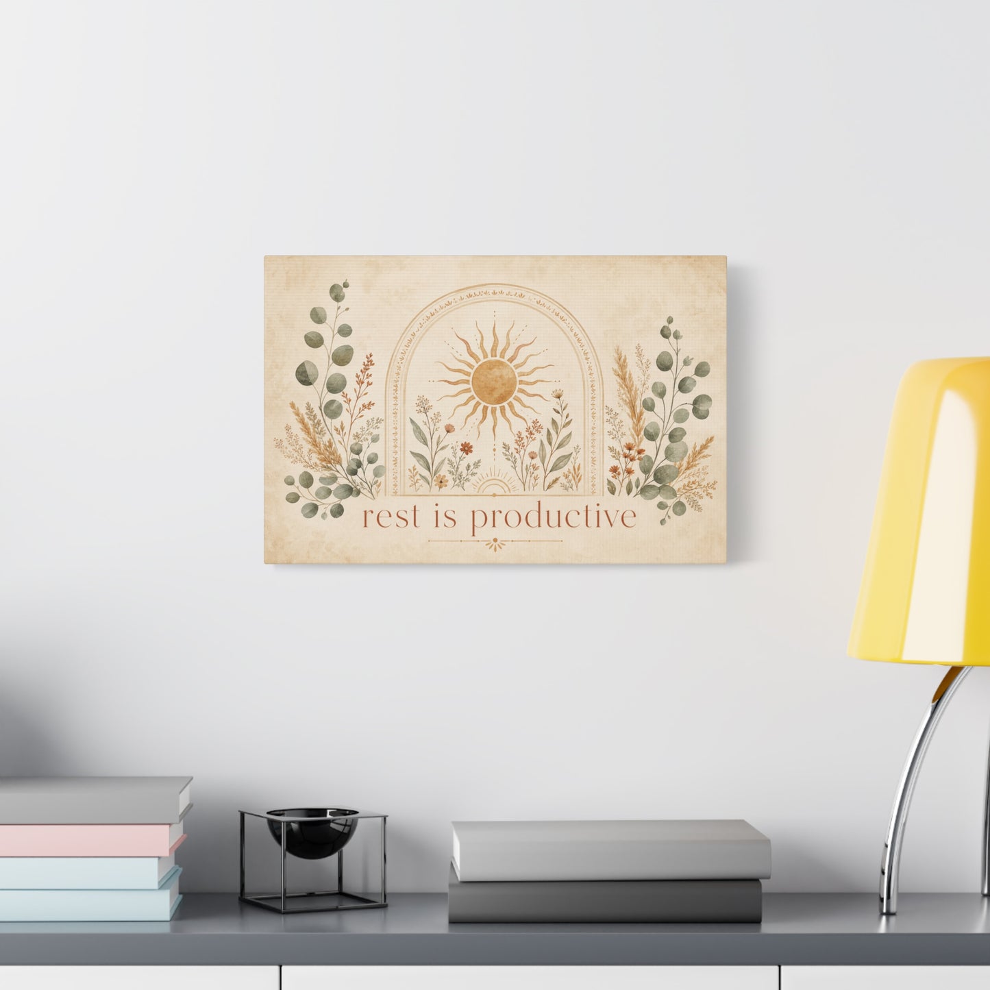 "Rest Is Productive" Inspirational Canvas Wall Art - Boho Sun And Botanical Arch Print - Neutral Typography Decor - Bedroom Living Room Decoration - Office Wall Art - Bedroom Home Decoration