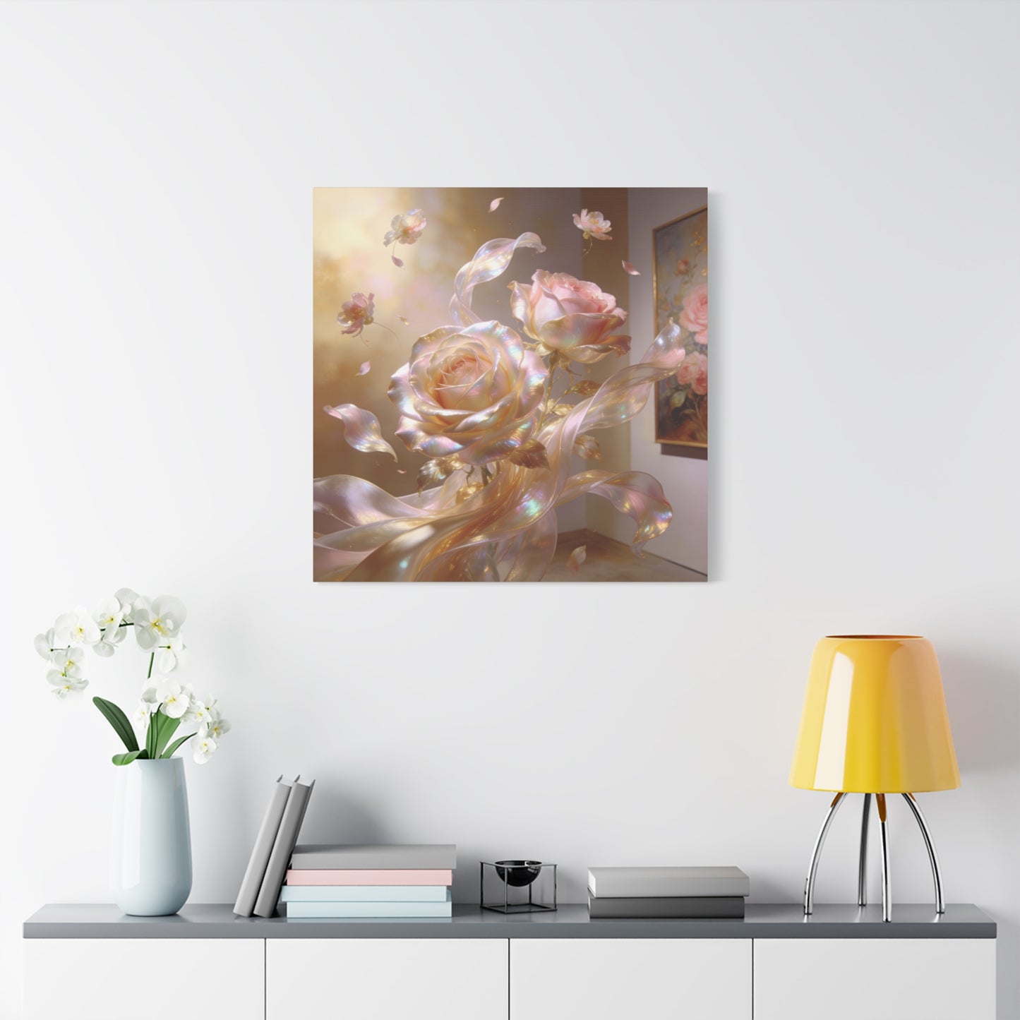 Iridescent Pink Rose Canvas Wall Art - Pearlescent Floral Wall Decor, Dreamy Botanical Home Decoration - Luminous Matte Canvas Print - Romantic Contemporary Style, Bedroom Accent - Ready to Hang