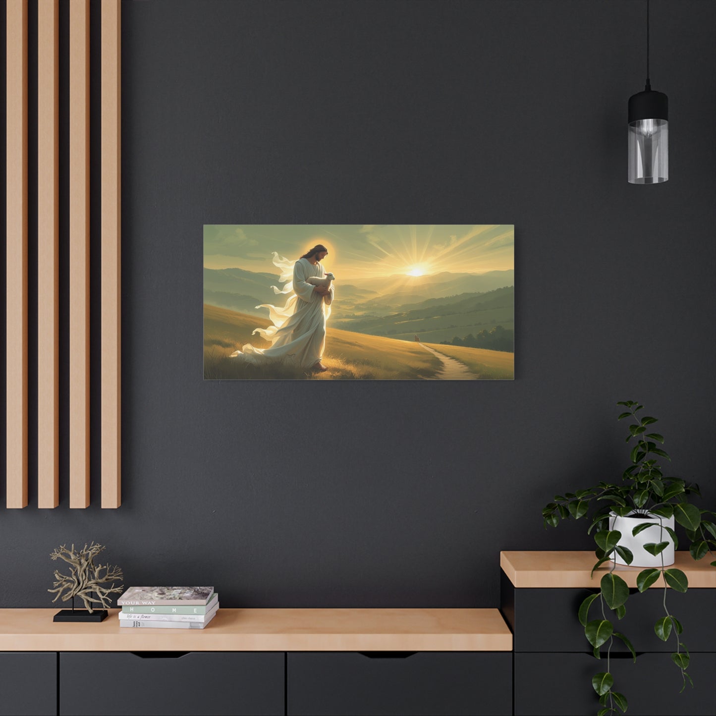 Jesus Holding Lamb Canvas Wall Art - Christian Sunset Landscape Print, Golden Light Faith Decor - Matte Cotton Canvas - Traditional Living Room Wall Decor, Bedroom Home Accent - Modern Farmhouse Style