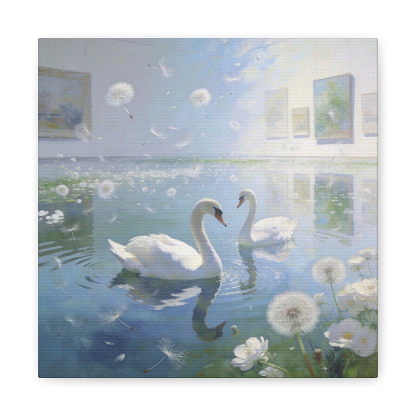White Swan Canvas Wall Art - Serene Pond With Dandelion Seeds, Soft Blue Water Reflection - Dreamy Traditional Style - Living Room Wall Decor, Bedroom Home Decoration, Office Art - Ready to Hang