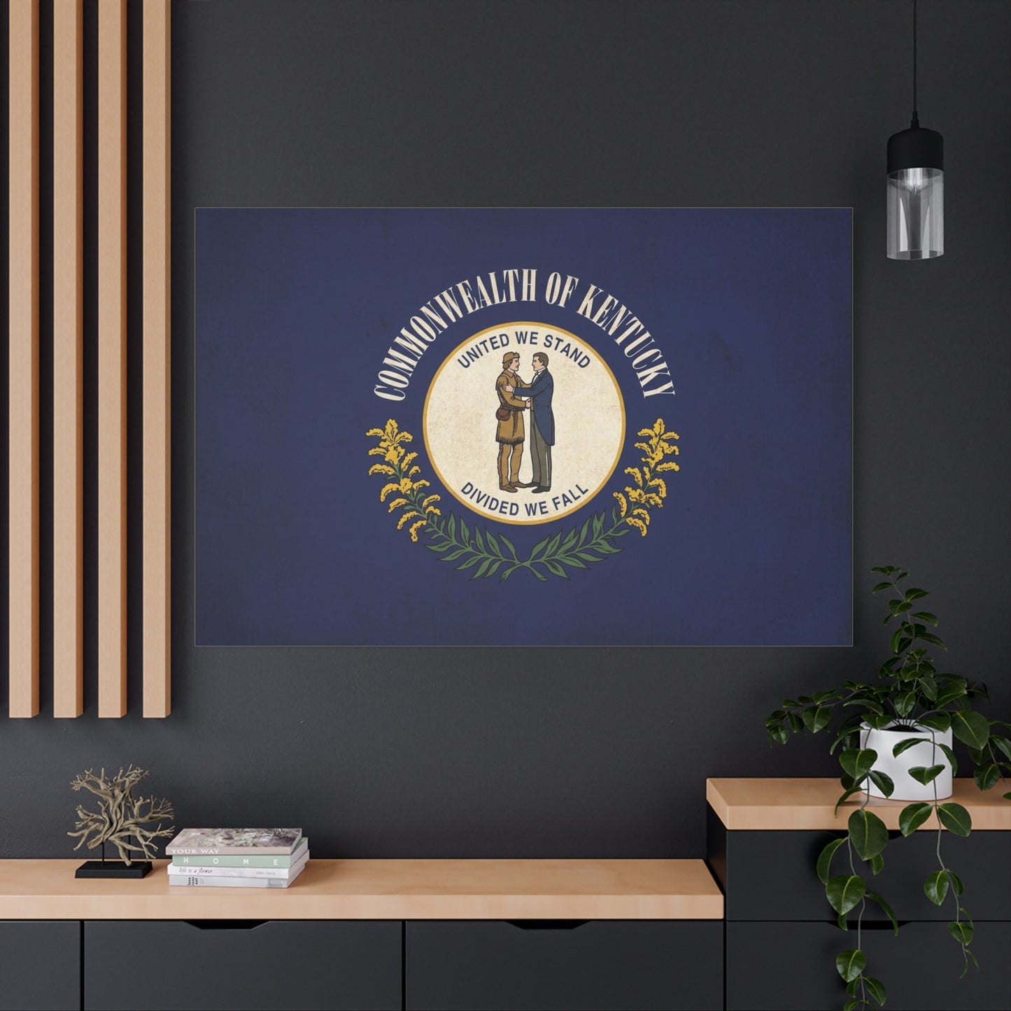 "Commonwealth Of Kentucky, United We Stand Divided We Fall" Canvas Wall Art - Kentucky State Flag Print, Blue Heraldic Seal Design - Vintage Style - Living Room Wall Decor, Office Art - Ready to Hang