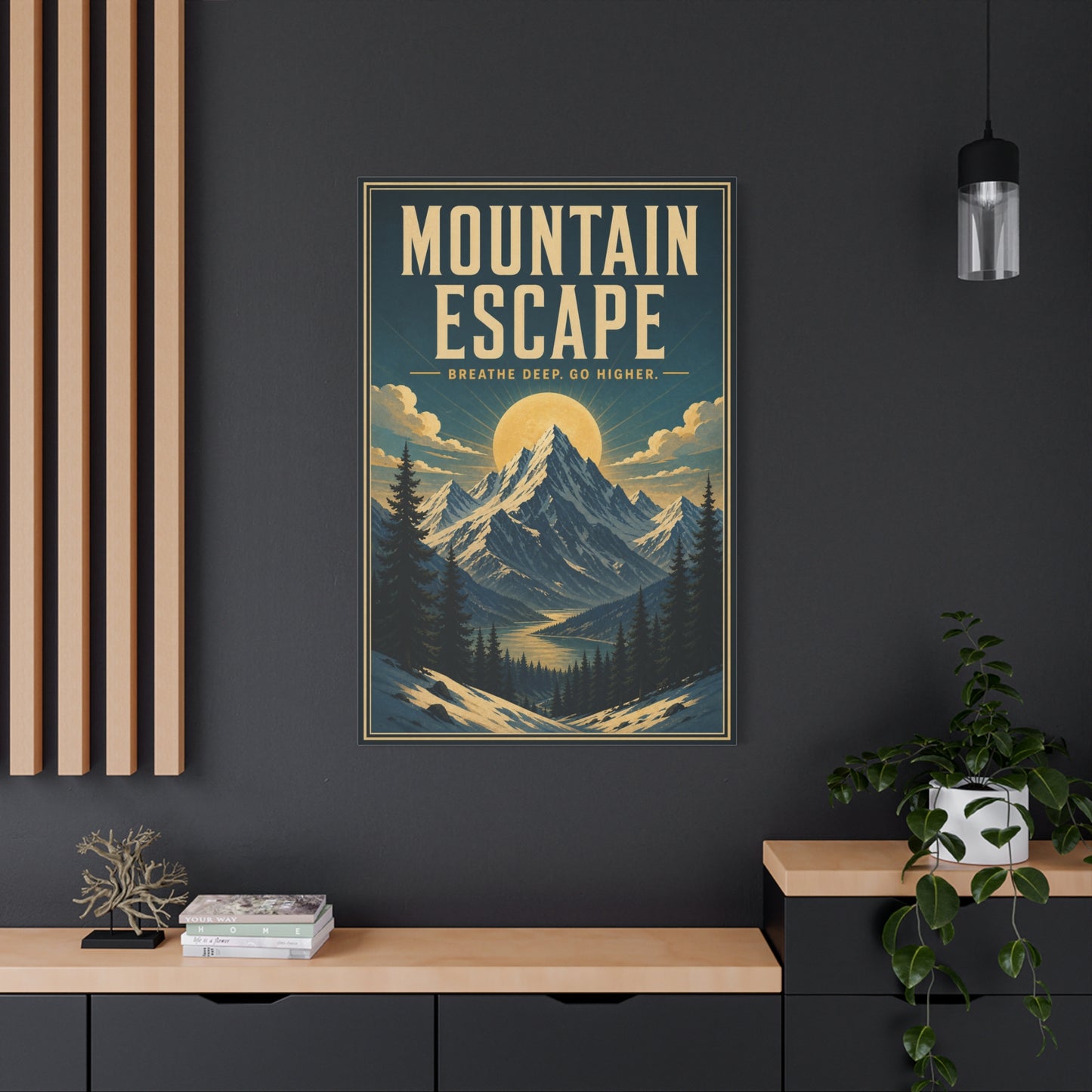 "Mountain Escape Breathe Deep. Go Higher." Canvas Wall Art - Vintage Mountain Landscape Poster Print, Sunlit Alpine Peaks, Rustic Lodge Style, Living Room Wall Decor, Office Art - Ready to Hang