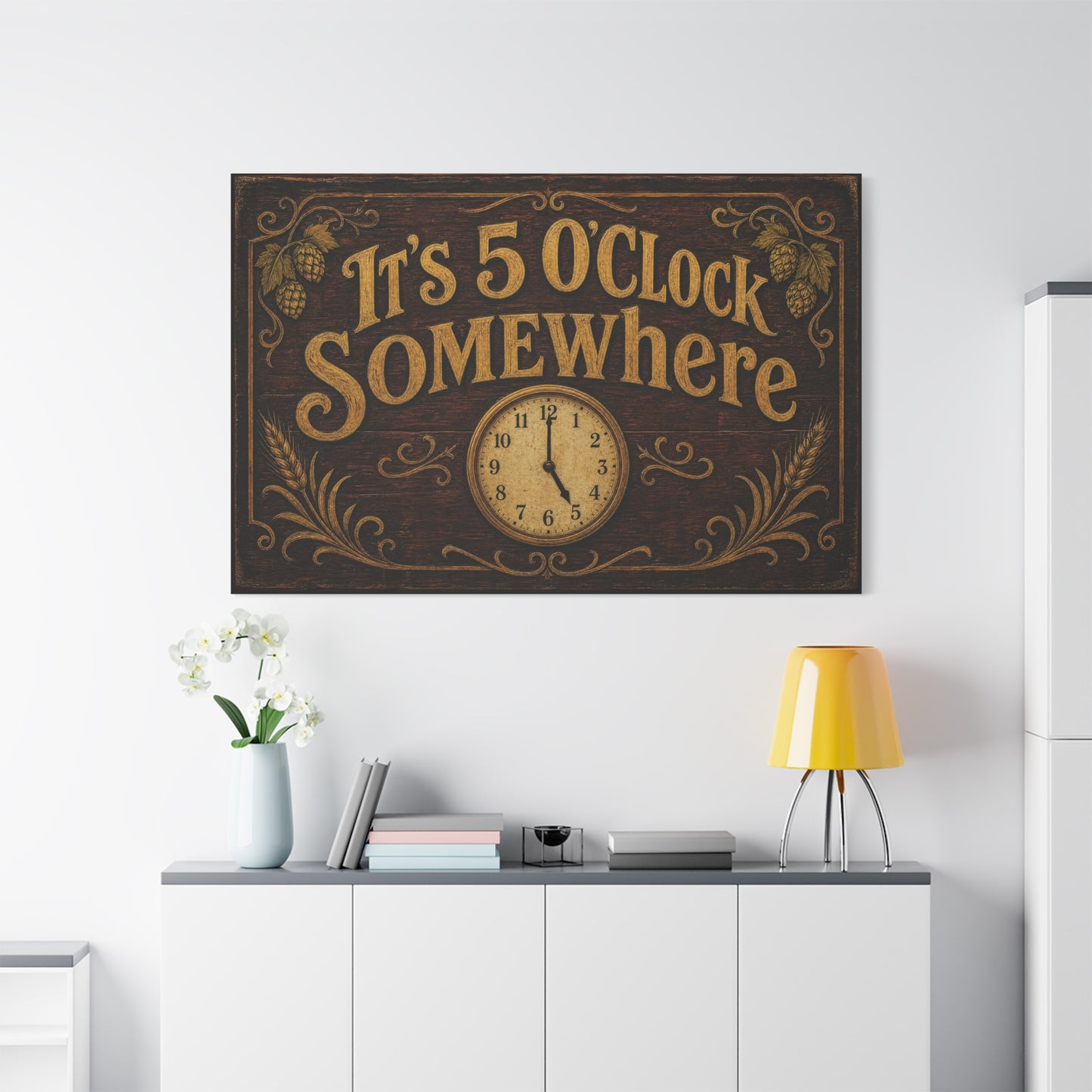 "It's 5 O'Clock Somewhere" Canvas Wall Art - Rustic Bar Sign, Vintage Clock Typography - Farmhouse Pub Decor, Brown Gold - Pub Wall Art - Cocktail Lounge Decor - Speakeasy Style Sign - Ready to Hang