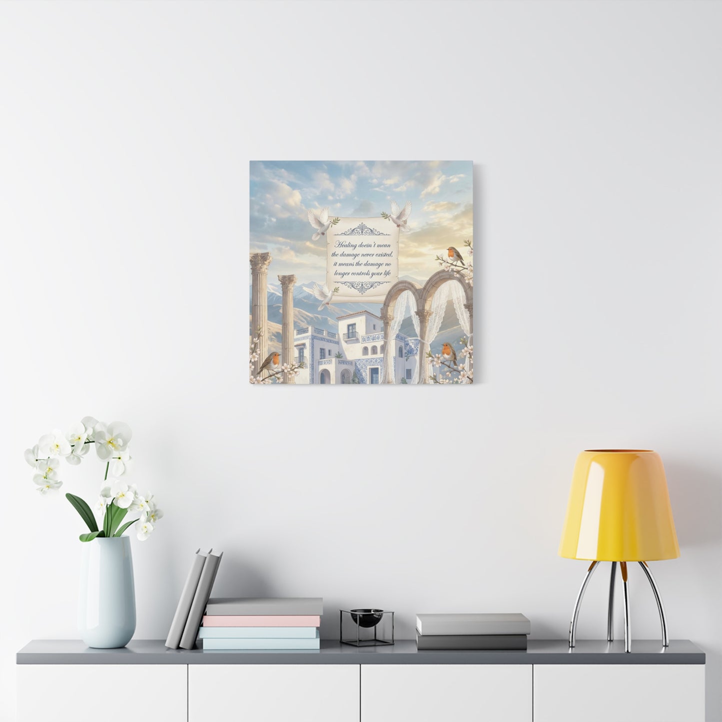 "The Damage No Longer Controls Your Life" Inspirational Canvas Wall Art - Doves, Robins, Classical Arches, Mountain Villa Quote Print - Matte Finish Canvas - Bedroom Home Decoration, Meditation Space