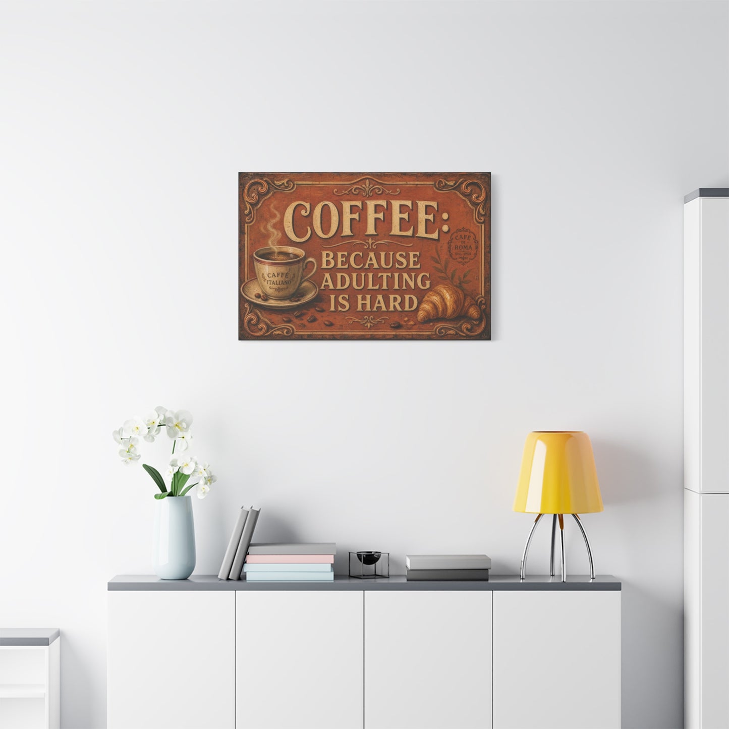 "Coffee Because Adulting Is Hard" Funny Canvas Wall Art - Vintage Cafe Cup, Croissant, Rustic Typography Print - Farmhouse Decor, Cafe Wall Accent - Coffee Shop Decor - Espresso Bar Sign