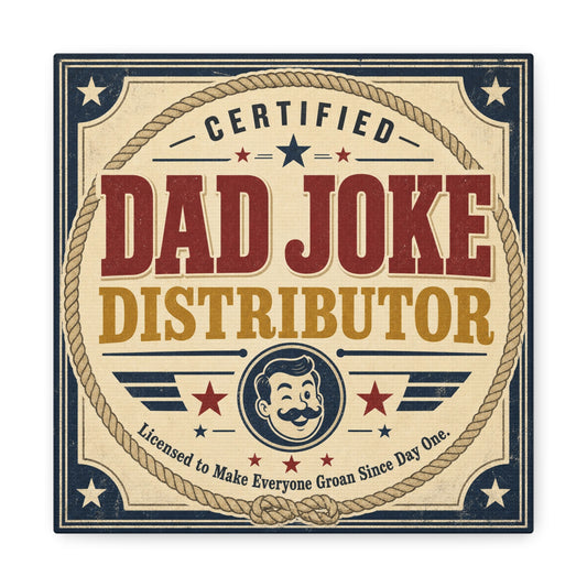 "Dad Joke Distributor" Funny Canvas Wall Art - Vintage Typography Humor Print, Retro Patriotic Stars And Mustache Illustration - Farmhouse Office Decor, Man Cave Wall Hanging - Bedroom Home Decoration