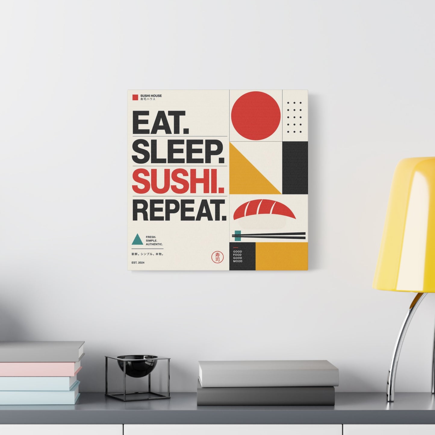"Eat. Sleep. Sushi. Repeat." Sushi Canvas Wall Art - Japanese Typography Print, Geometric Food Poster Design - Modern Minimalist Cotton Canvas - Cafe Decor, Kitchen Accent, Dining Room Artwork