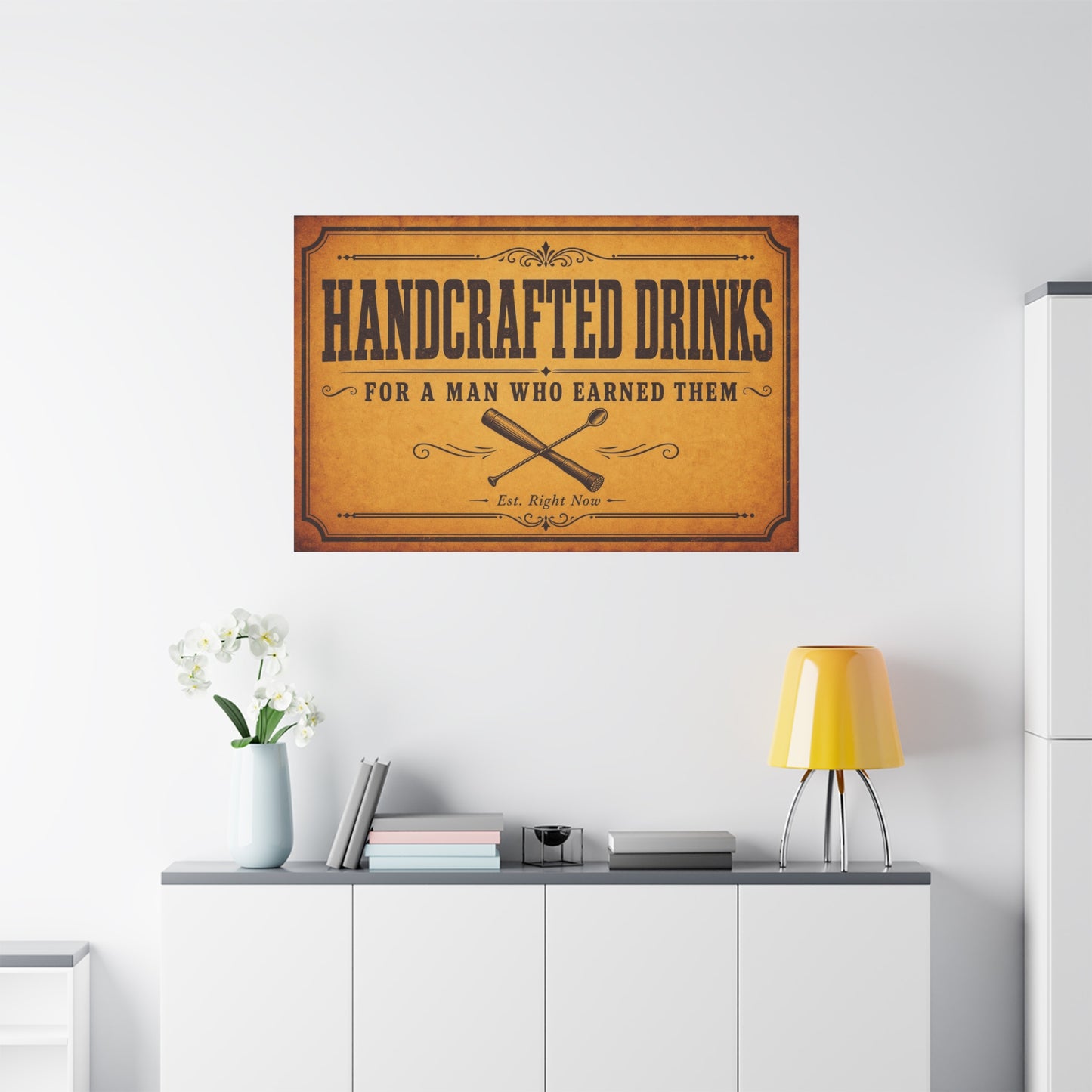 "Handcrafted Drinks For A Man Who Earned Them" Canvas Wall Art - Vintage Bar Sign, Rustic Typography Decor, Whiskey Lounge Wall Hanging - Ready to Hang - Ready to Hang - Cocktail Lounge Decor