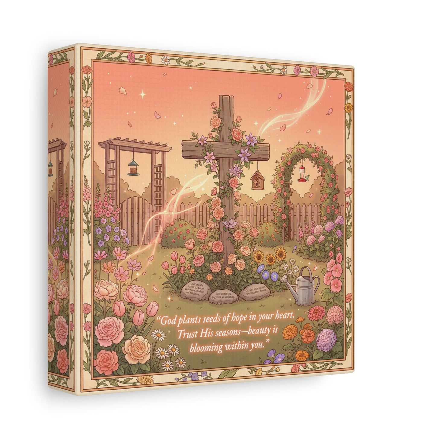 "God Plants Seeds Of Hope In Your Heart" Christian Canvas Wall Art - Floral Cross Garden Scripture Print, Matte Cotton Decor - Inspirational Bedroom Home Decoration, Living Room Accent - Ready to Hang