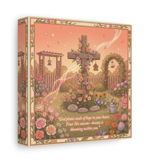 "God Plants Seeds Of Hope In Your Heart" Christian Canvas Wall Art - Floral Cross Garden Scripture Print, Matte Cotton Decor - Inspirational Bedroom Home Decoration, Living Room Accent - Ready to Hang