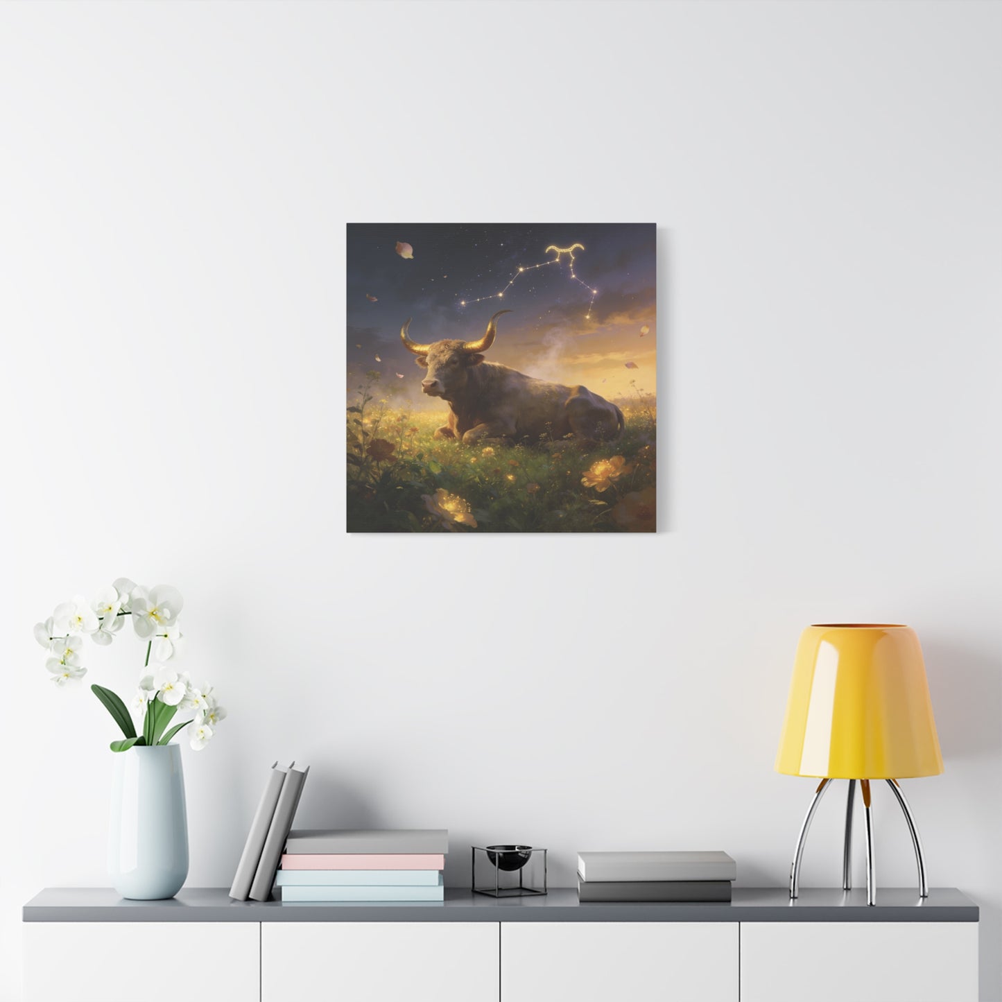 Taurus Zodiac Bull Canvas Wall Art - Celestial Constellation Night Meadow, Golden Horns, Dreamy Illustration - Matte Cotton Print - Bedroom Home Decoration, Office Wall Decor - Bedroom Home Decoration
