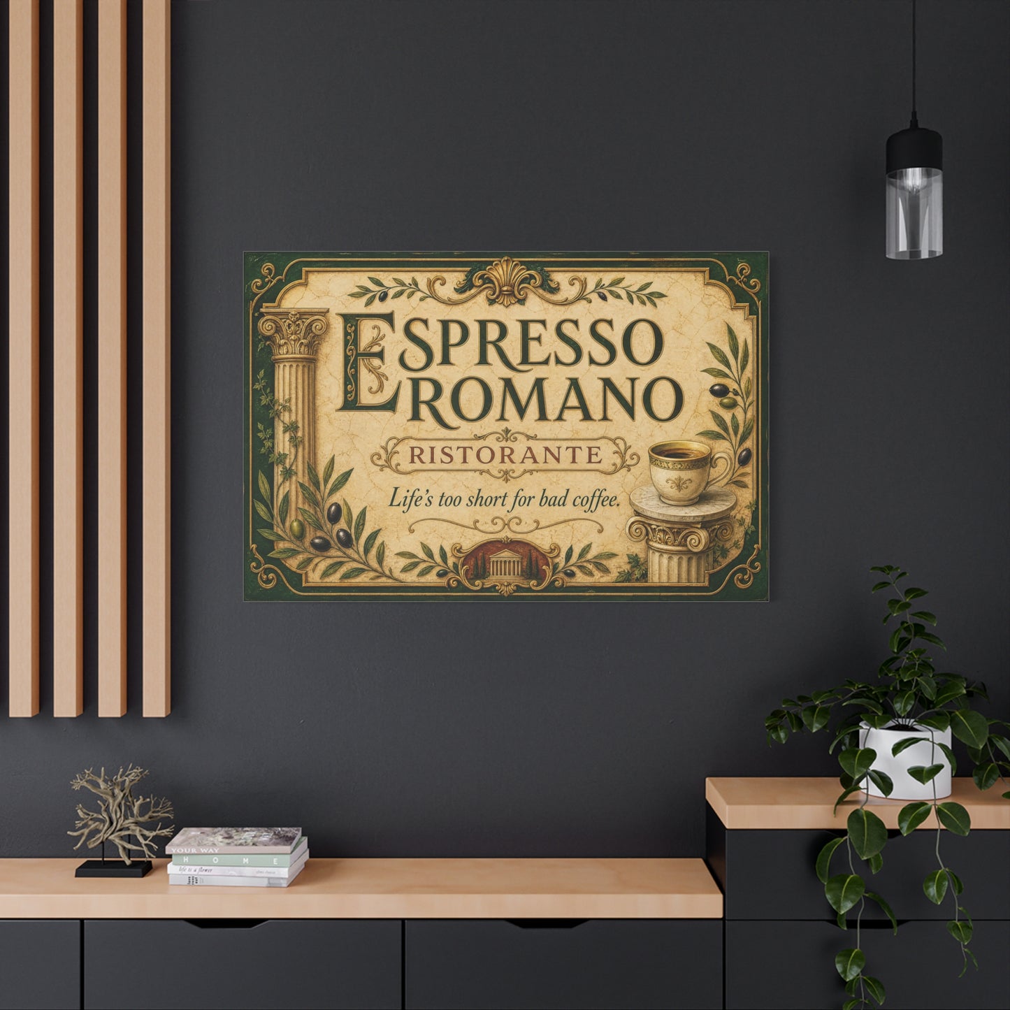 "Espresso Romano" Canvas Wall Art - "Life's Too Short For Bad Coffee." Vintage Italian Cafe Decor, Olive Branches, Roman Columns, Espresso Cup - Coffee Shop Decor - Cafe Wall Art - Ready to Hang