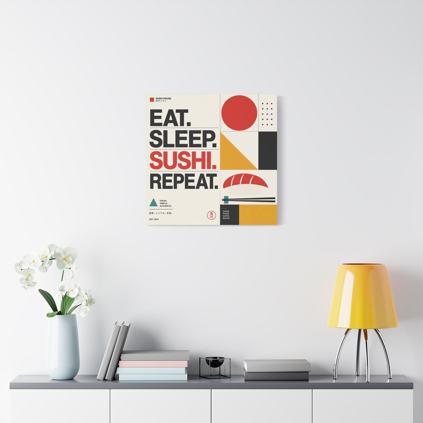 "Eat. Sleep. Sushi. Repeat." Sushi Canvas Wall Art - Japanese Typography Print, Geometric Food Poster Design - Modern Minimalist Cotton Canvas - Cafe Decor, Kitchen Accent, Dining Room Artwork