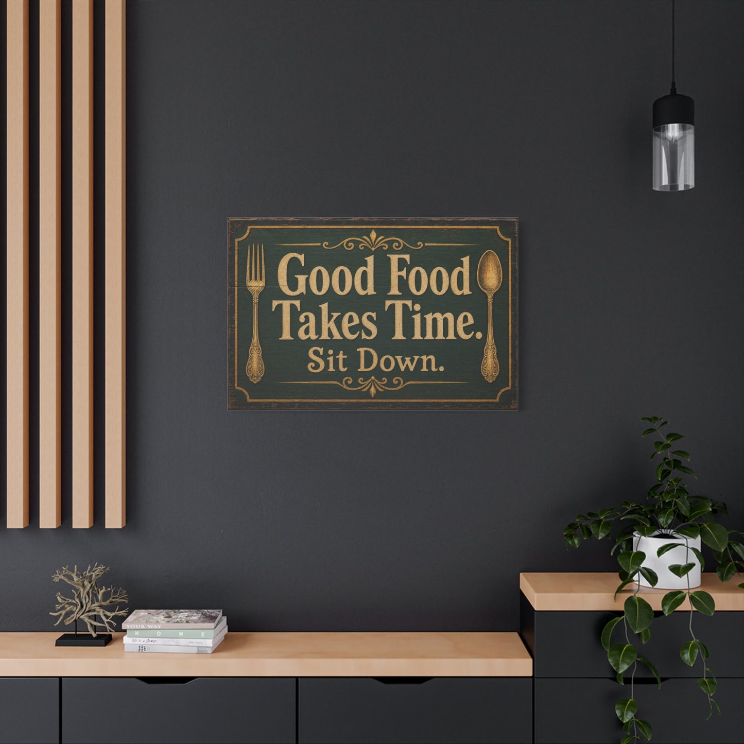"Good Food Takes Time. Sit Down." Canvas Wall Art - Vintage Typography Decor - Rustic Farmhouse, Restaurant Wall Hanging - Modern Farmhouse Style - Ready to Hang - Bistro Sign Decor - HP Latex Print