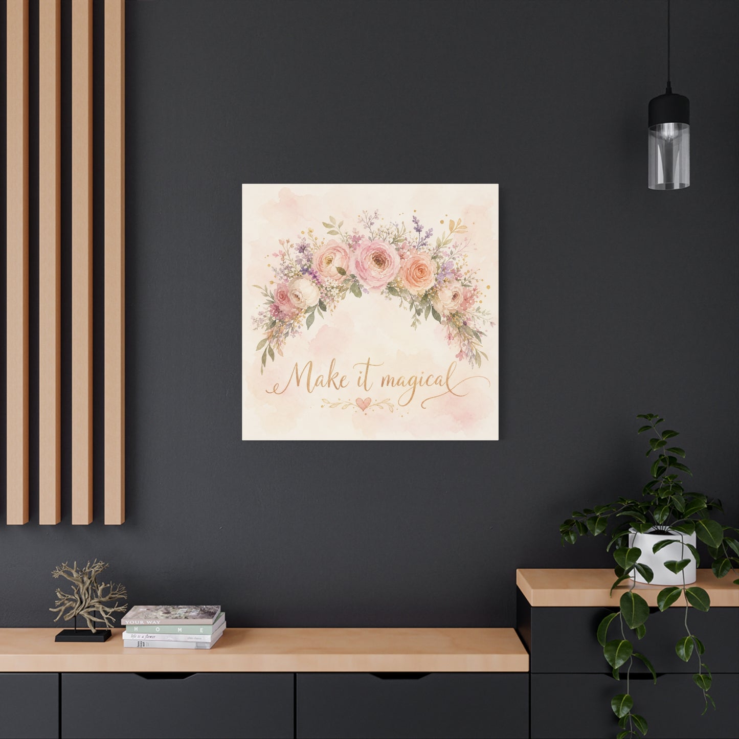 "Make It Magical" Floral Canvas Wall Art - Blush Rose Watercolor Quote Print, Pink Botanical Home Decor, Girls Bedroom Wall Decoration, Nursery Accent, Bohemian Living Room Style - Ready to Hang
