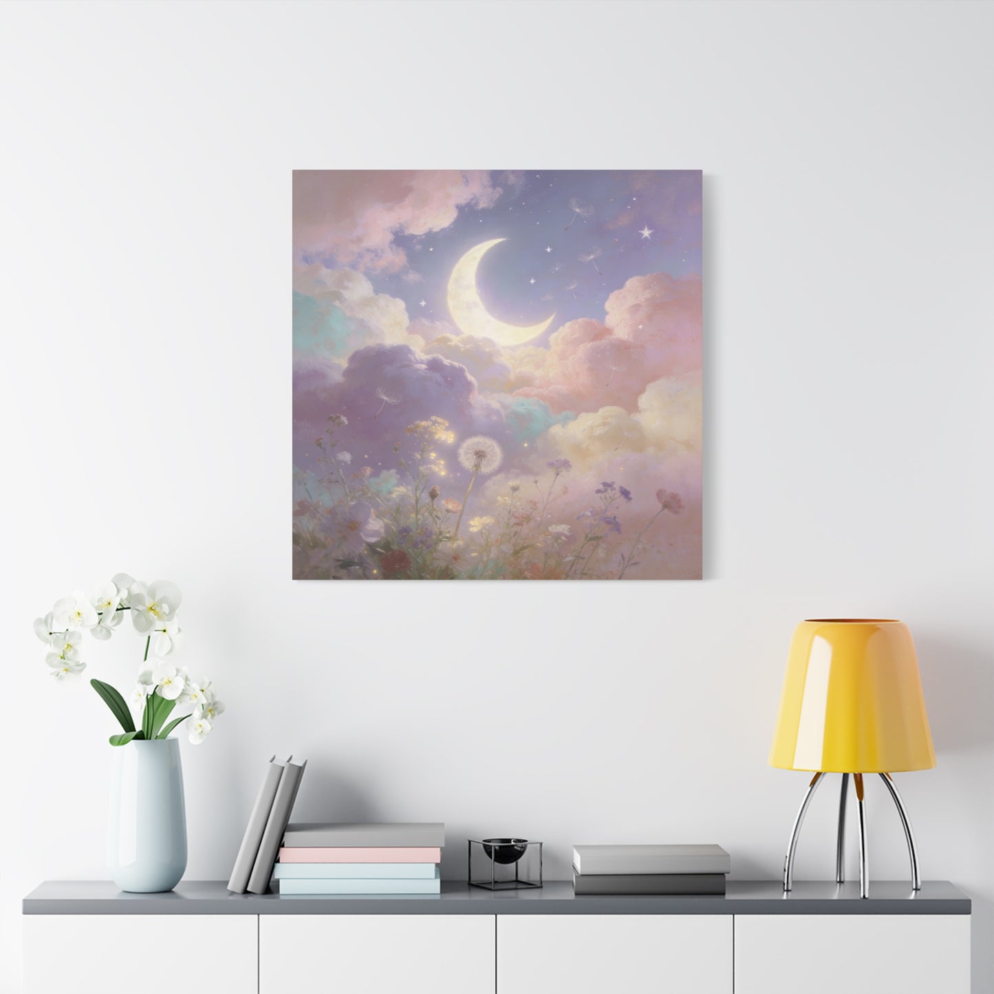 Crescent Moon Canvas Art Print - Dreamy Pastel Clouds, Dandelion Sky, Celestial Floral Scene - Cotton Matte Artwork - Lavender Nursery Accent, Bedroom Decoration, Meditation Space Decor