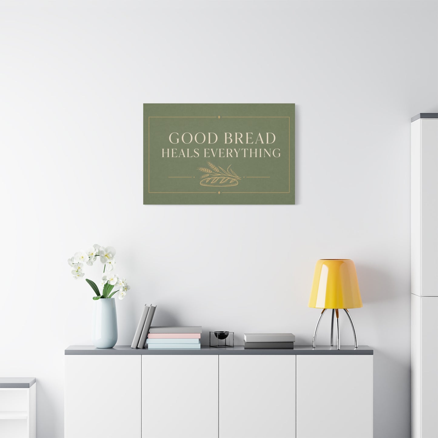 "Good Bread Heals Everything" Canvas Wall Art - Vintage Bread Quote Print, Sage Green Typography, Rustic Farmhouse Style - Ready to Hang - Deli Wall Decor - Sandwich Shop Sign - Diner Decor