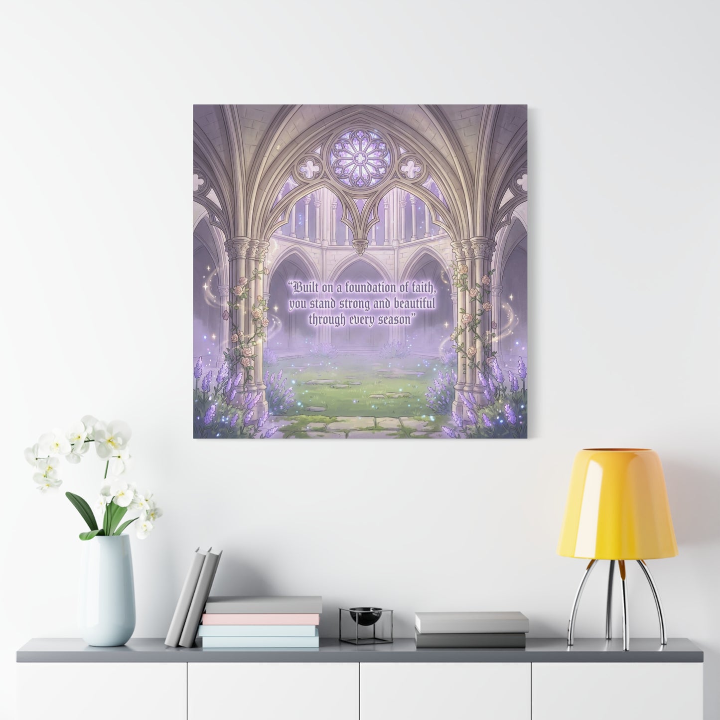 "Built On A Foundation Of Faith, You Stand Strong And Beautiful Through Every Season" Canvas Wall Art - Gothic Cathedral Arch Quote Print - Lavender Floral Decor For Bedroom Living Room