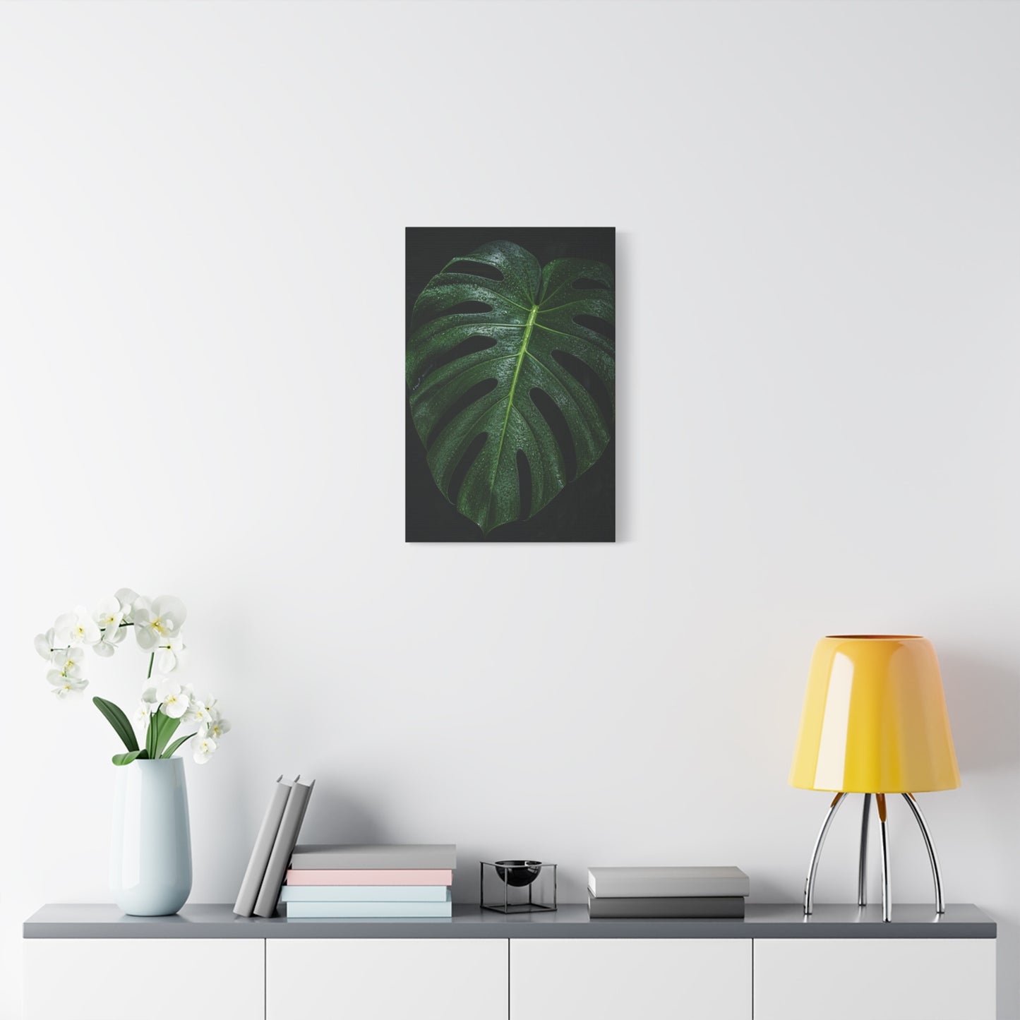 Monstera Leaf Canvas Wall Art - Botanical Art Print, Dark Green Tropical Foliage Print - Matte Cotton Canvas - Contemporary Minimalist Style - Living Room Wall Decor, Bedroom Home Accent
