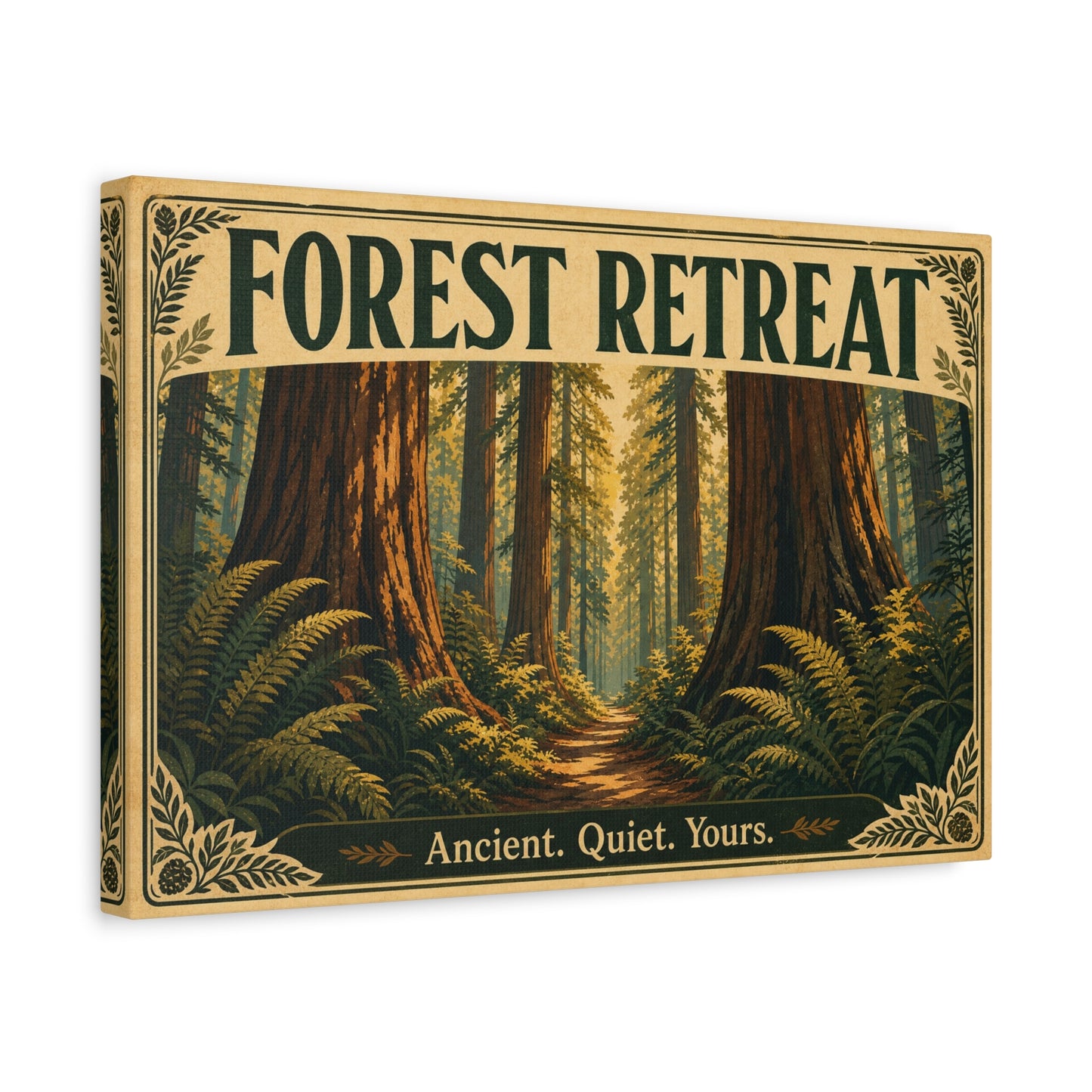 "Forest Retreat" Canvas Wall Art - Vintage Redwood Forest Path Print, Rustic Woodland Home Decor - Ancient. Quiet. Yours. - Cabin Style Living Room Decoration, Bedroom Wall Hanging - Ready to Hang