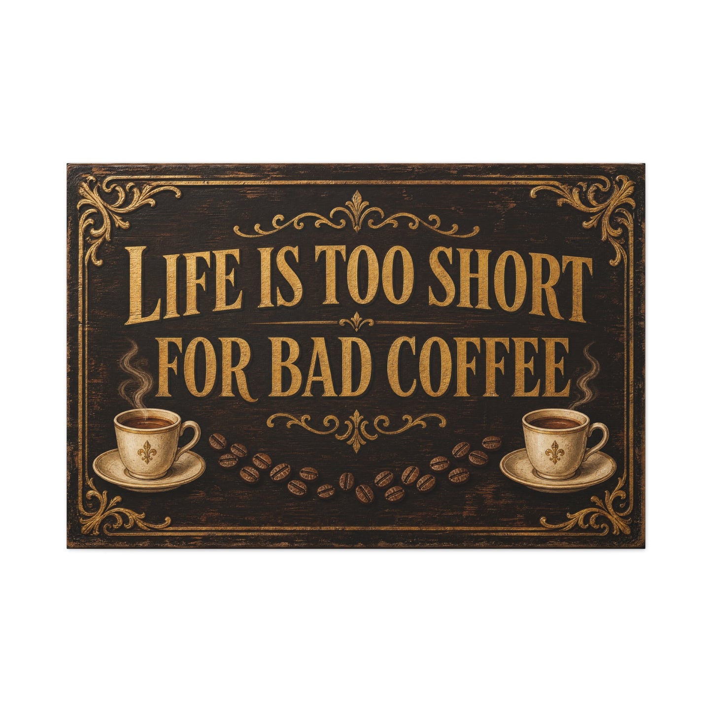 "Life Is Too Short For Bad Coffee" Canvas Wall Art - Vintage Coffee Quote Decor, Rustic Brown Typography Print, Farmhouse Cafe Wall Hanging - Ready to Hang - Bistro Decor - Espresso Bar Sign