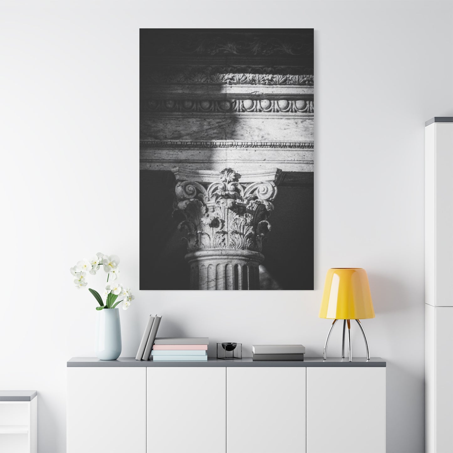 Black And White Corinthian Column Canvas Wall Art - Architectural Art Print, Dramatic Light And Shadow, Matte Cotton Decor - Minimalist Living Room Wall Decor, Office Art - Ready to Hang