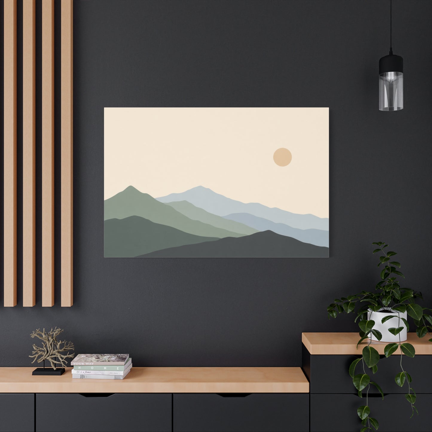 Minimalist Mountain Landscape Canvas Wall Art - Layered Blue Green Hills, Soft Sun - Contemporary Nature Print, Living Room Wall Decor, Bedroom Home Decoration, Office Art - Bedroom Home Decoration