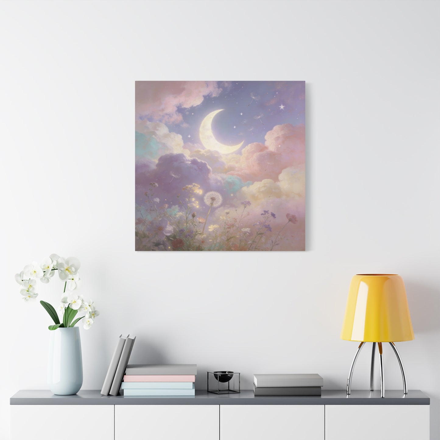 Crescent Moon Canvas Art Print - Dreamy Pastel Clouds, Dandelion Sky, Celestial Floral Scene - Cotton Matte Artwork - Lavender Nursery Accent, Bedroom Decoration, Meditation Space Decor