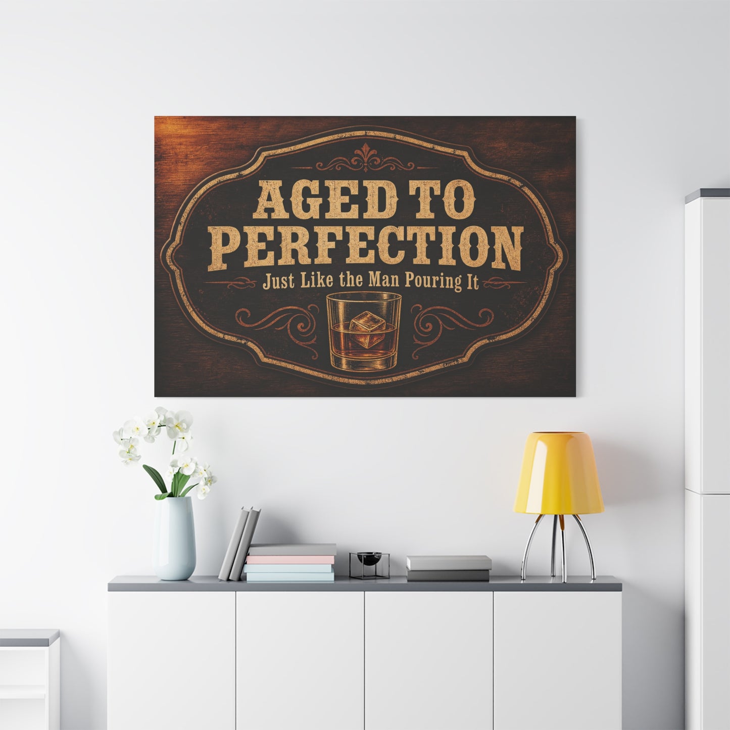 "Aged To Perfection Just Like The Man Pouring It" Whiskey Canvas Wall Art - Vintage Bar Quote Decor, Old Fashioned Glass Illustration - Office Wall Art - Ready to Hang - Cocktail Lounge Decor
