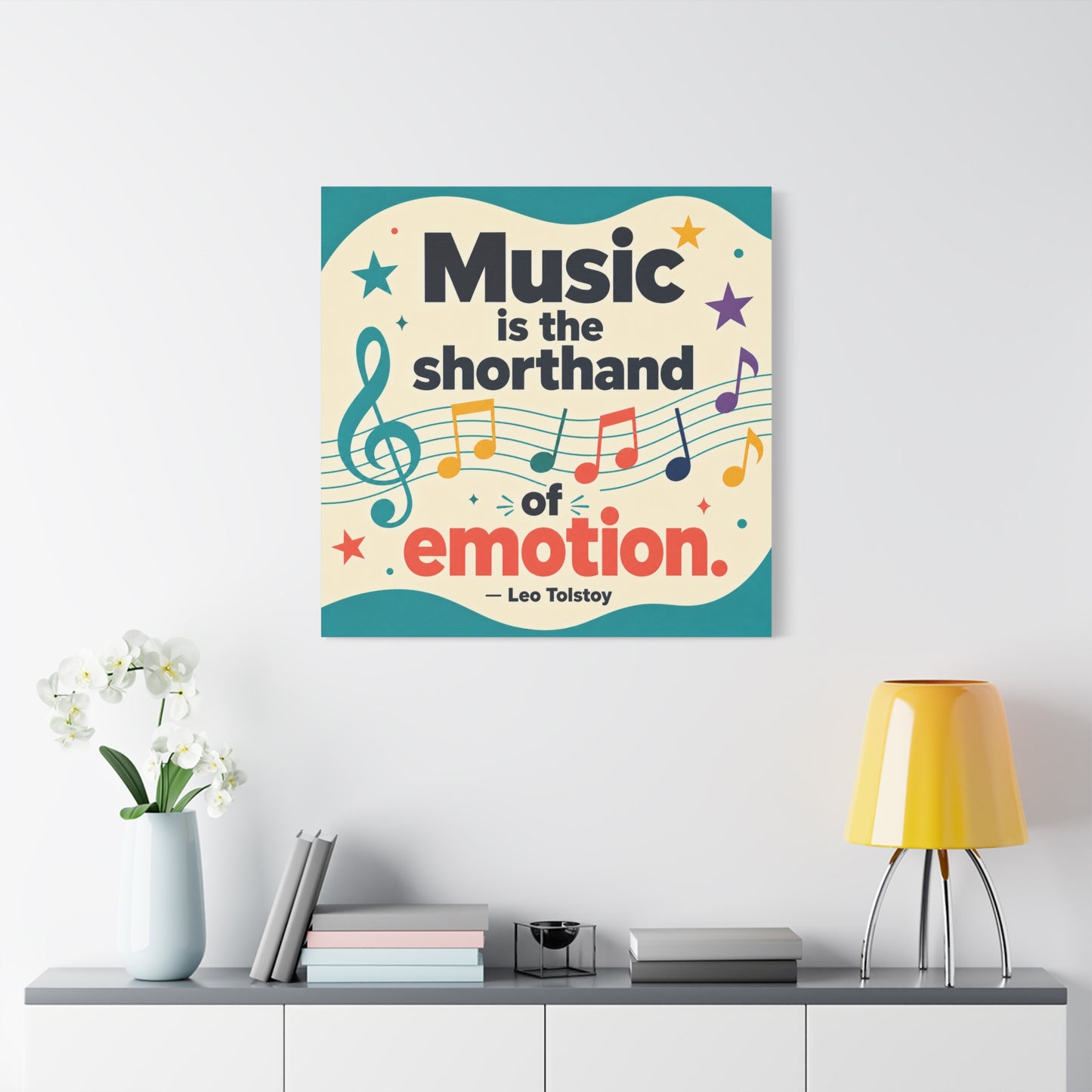 "Music Is The Shorthand Of Emotion." Leo Tolstoy Canvas Wall Art - Colorful Typography Quote Print, Music Teacher Classroom Decor, Kids Room Home Decoration, Modern Wall Hanging - Ready to Hang