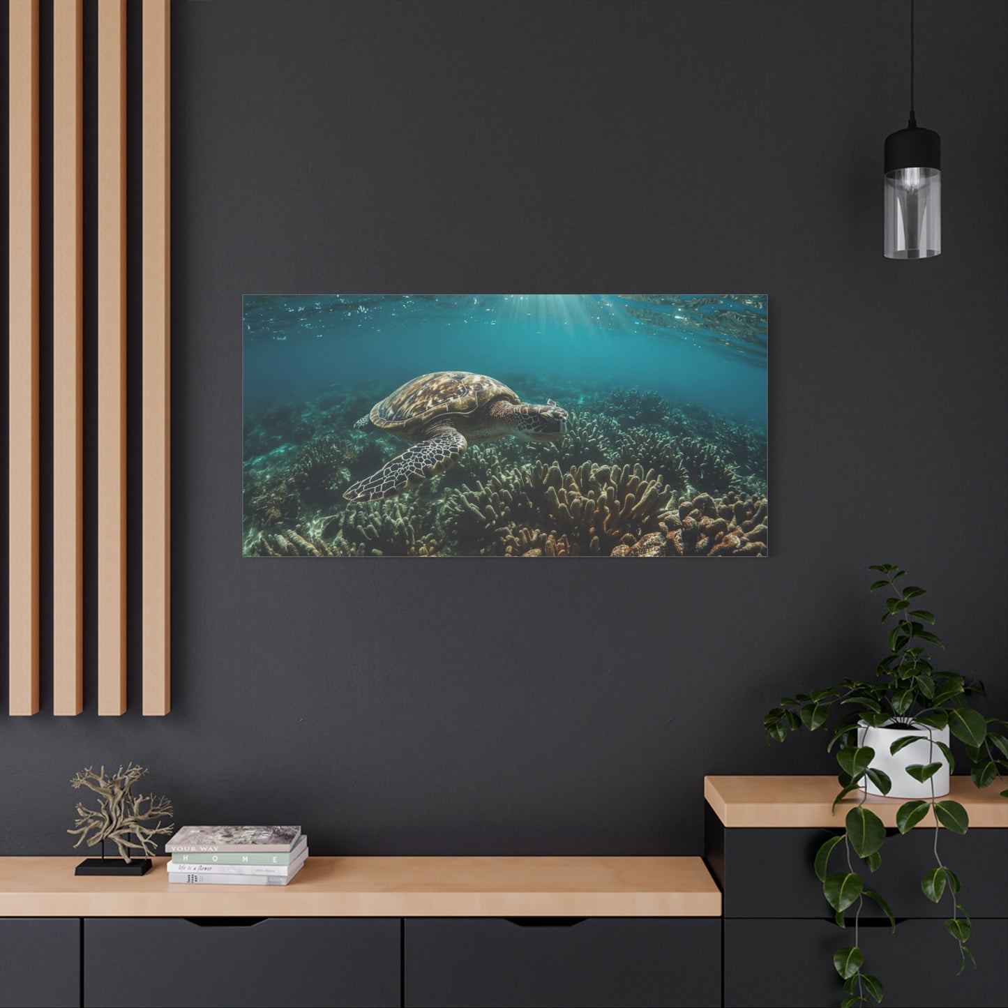 Sea Turtle Canvas Wall Art - Underwater Ocean Reef Art Print, Sunlit Blue Seascape, Coastal Wall Decor, Matte Finish Canvas Print, Living Room Decoration, Bedroom Home Accent - Ready to Hang