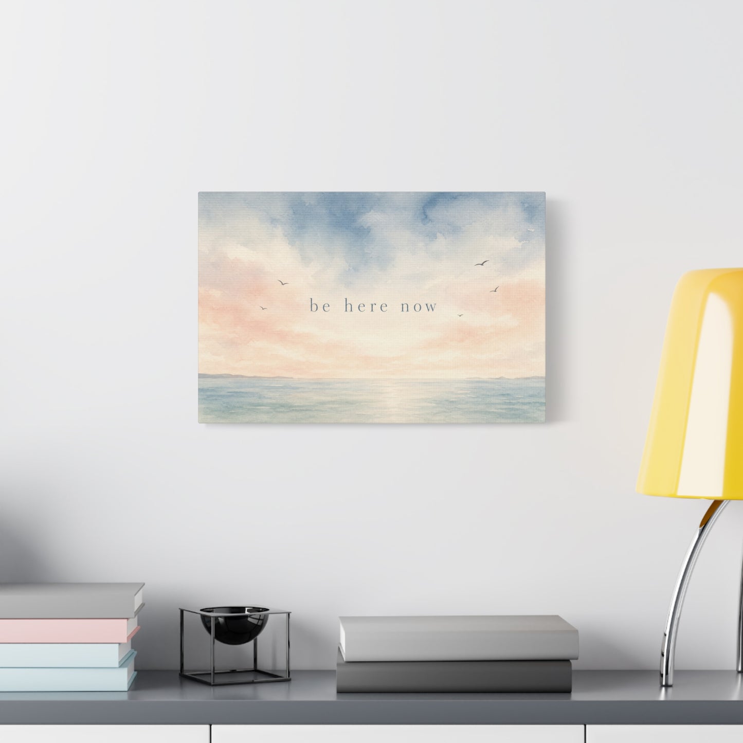 "Be Here Now" Coastal Canvas Wall Art - Pastel Ocean Seascape With Birds - Minimalist Inspirational Wall Decor - Serene Bedroom Home Decoration - Meditation Space Office Art - Bedroom Home Decoration