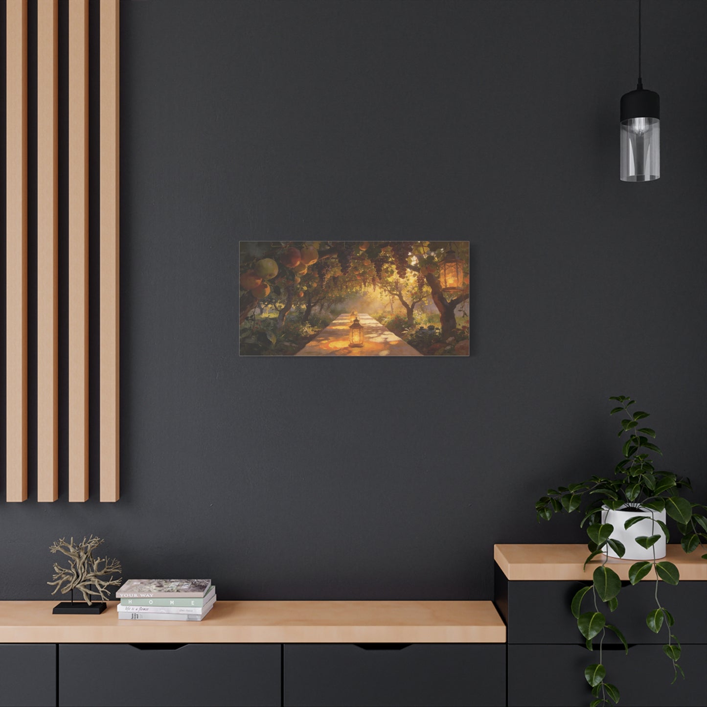 Fruit Orchard Canvas Wall Art - Lantern Lit Garden Path, Grape Vine And Apple Tree Painting - Matte Cotton Print, Rustic Traditional Style - Living Room Wall Decor, Bedroom Accent - Ready to Hang