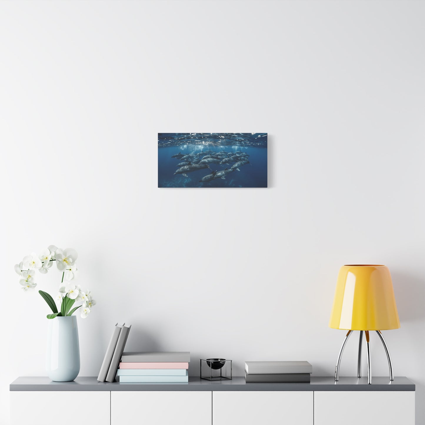 Dolphin Pod Canvas Wall Art - Underwater Ocean Art Print, Blue Marine Wildlife Decor - Matte Coastal Style - Living Room Wall Decor, Bedroom Home Decoration - Bedroom Home Decoration