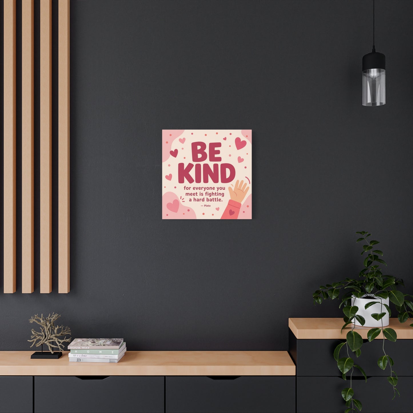 "Be Kind For Everyone You Meet Is Fighting A Hard Battle. - Plato" Canvas Wall Art - Pink Heart Typography Print - Inspirational Bedroom Decor - Modern Nursery Wall Hanging - Bedroom Home Decoration