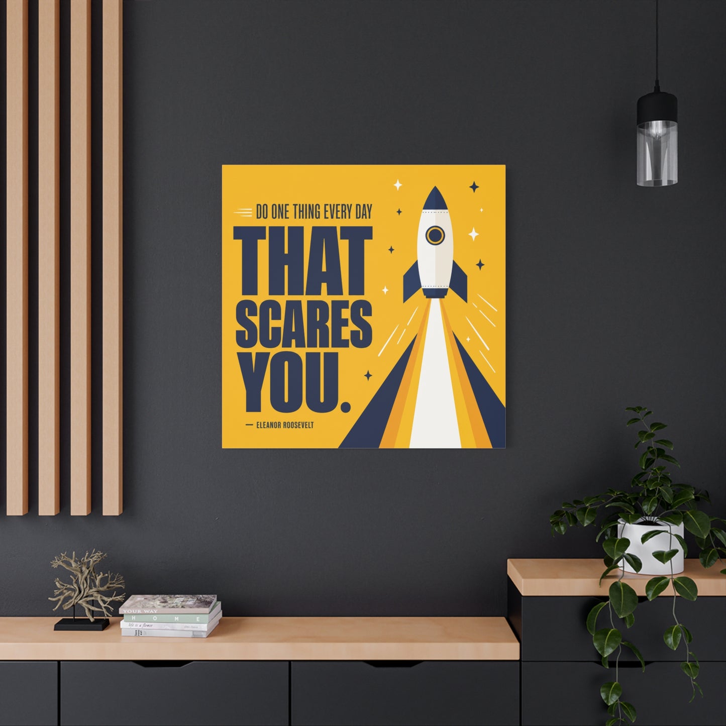 "Do One Thing Every Day That Scares You." Rocket Canvas Wall Art - Motivational Typography Space Decor - Modern Yellow Quote Print - Kids Bedroom Wall Decor, Playroom Home Decoration - Ready to Hang