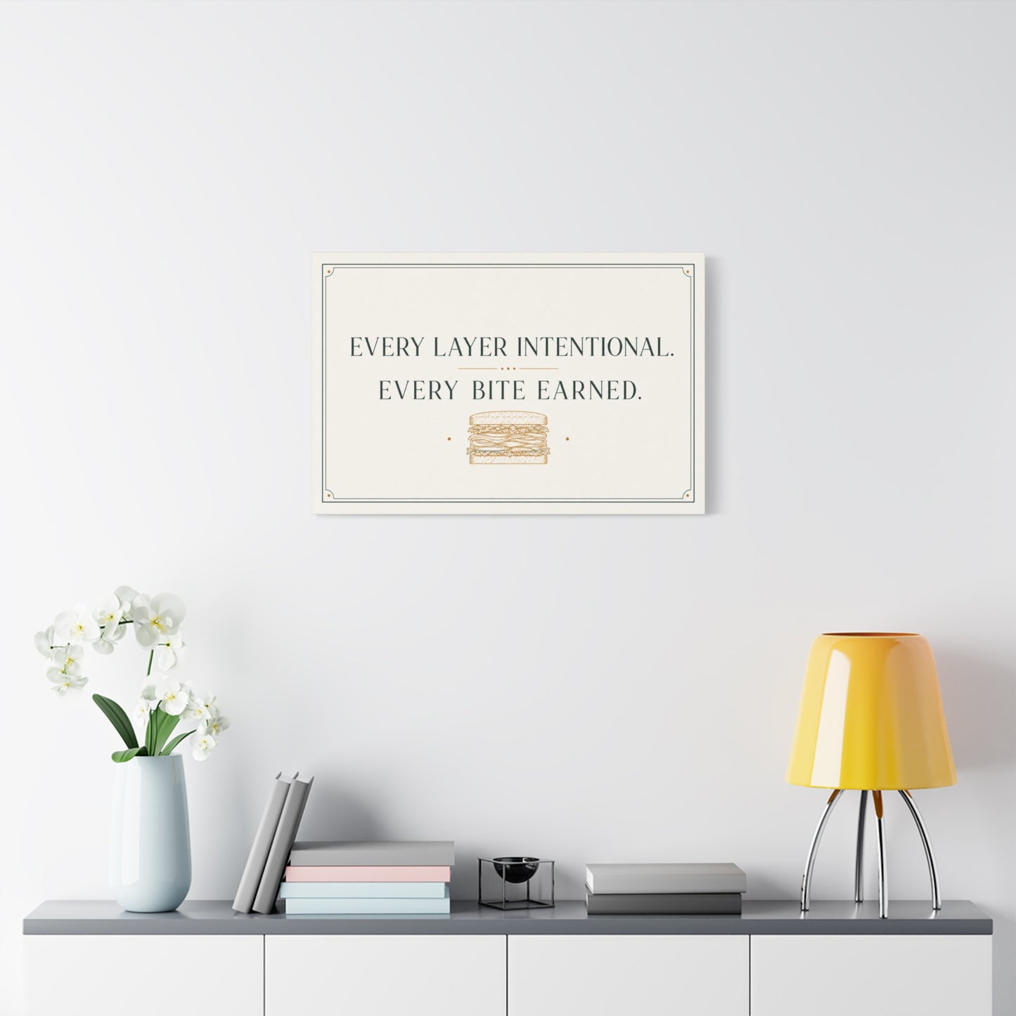 "Every Layer Intentional. Every Bite Earned." Sandwich Canvas Wall Art - Typography Decor, Minimalist Food Quote Print, Modern Decoration - Ready to Hang - Deli Wall Decor - Sandwich Shop Sign