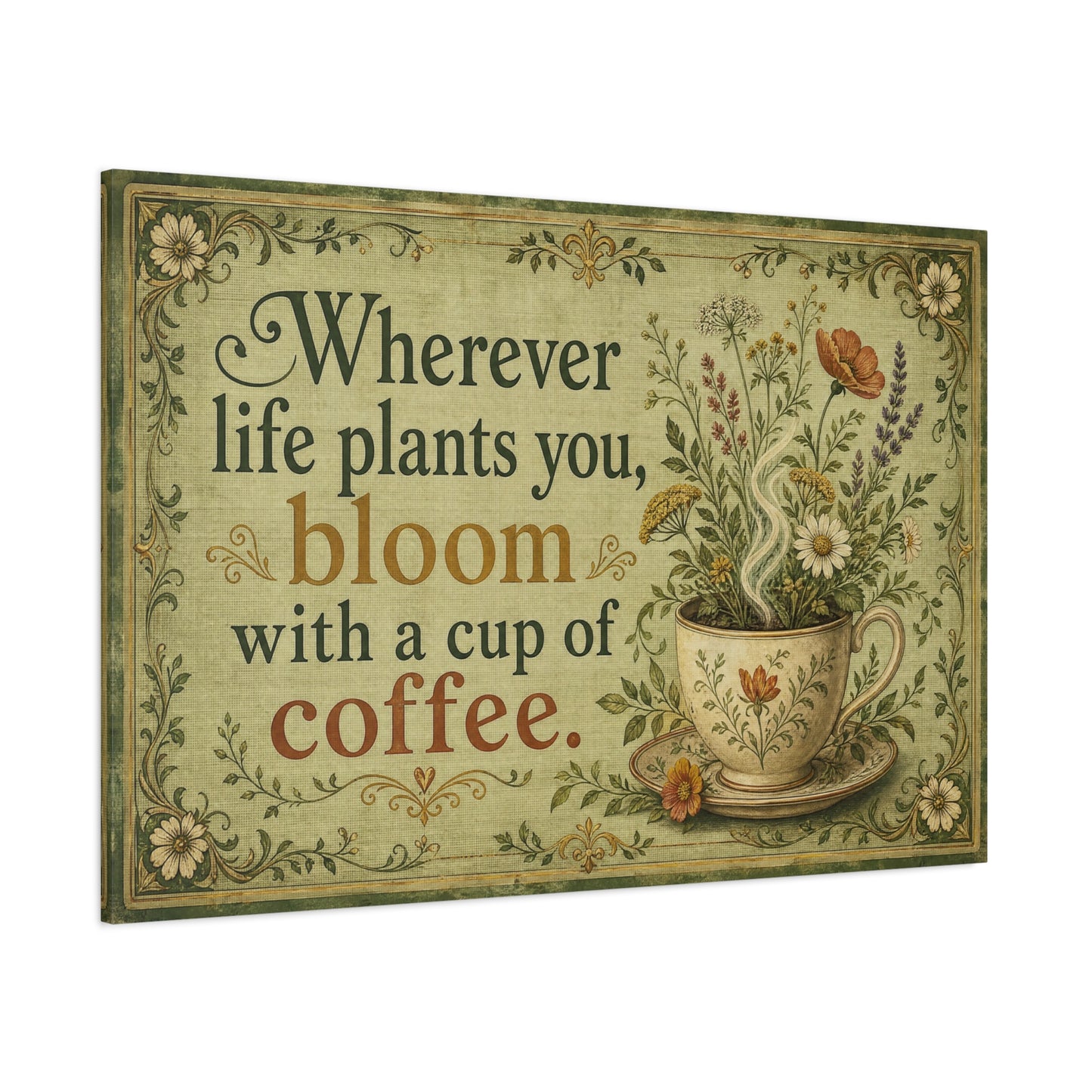 "Wherever Life Plants You, Bloom With A Cup Of Coffee." Canvas Wall Art - Vintage Floral Coffee Quote Print, Farmhouse Decor - Office Wall Art - Bistro Decor - Espresso Bar Sign - Ready to Hang