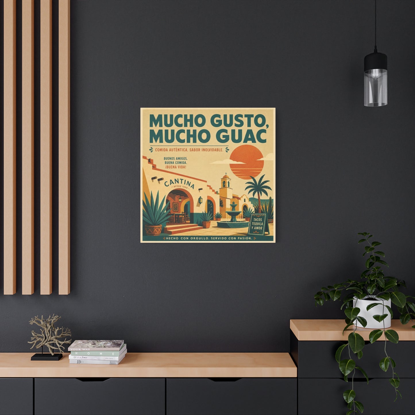 "Mucho Gusto, Mucho Guac" Cantina Canvas Wall Art - Mexican Restaurant Typography Print, Vintage Desert Courtyard Illustration, Cafe Wall Decor, Tequila Bar Sign, Workspace Accent - Ready to Hang