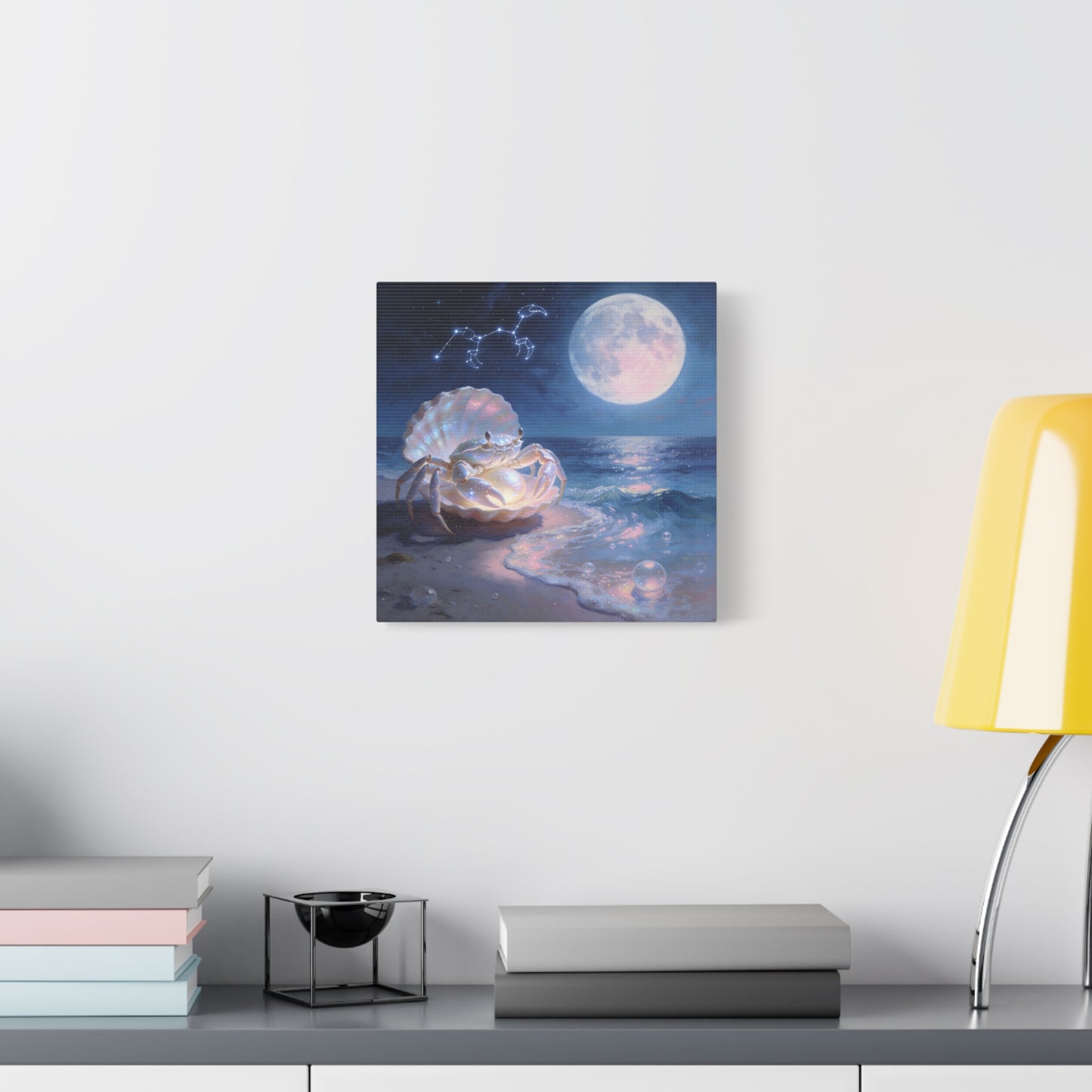 Moonlit Crab Canvas Wall Art - Zodiac Cancer Seascape, Pearl Shell Ocean Night Decor - Dreamy Coastal Illustration, capiz shells wall decor, Bedroom Home Decoration - Bedroom Home Decoration