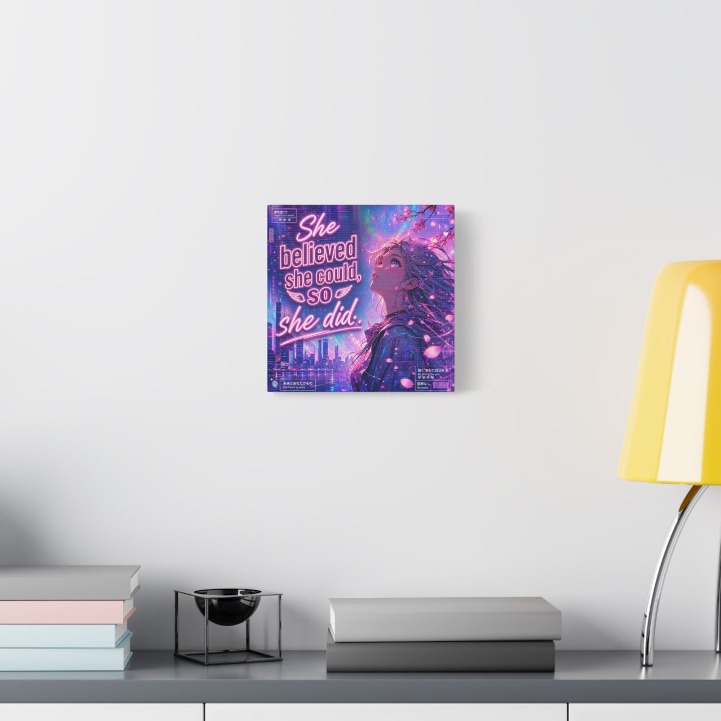 "She Believed She Could, So She Did" Anime Girl Canvas Wall Art - Neon Sakura Cityscape, Inspirational Typography Print - Contemporary Bedroom Wall Decor, Teenager Room Decor - Bedroom Home Decoration