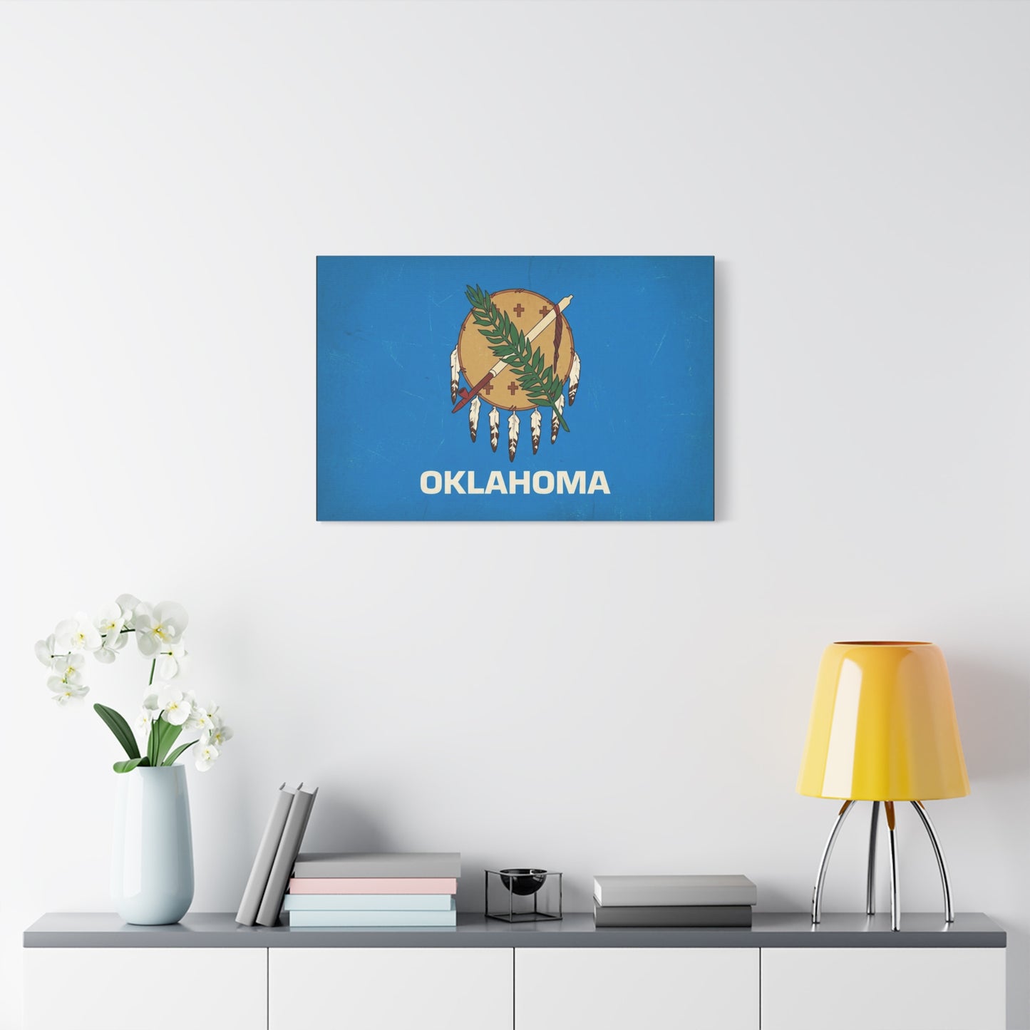 "OKLAHOMA" State Flag Canvas Wall Art - Vintage Blue Shield, Olive Branch And Peace Pipe Print - Rustic Americana Style - Living Room Decor, Office Wall Accent - Ready to Hang - Modern Farmhouse Style