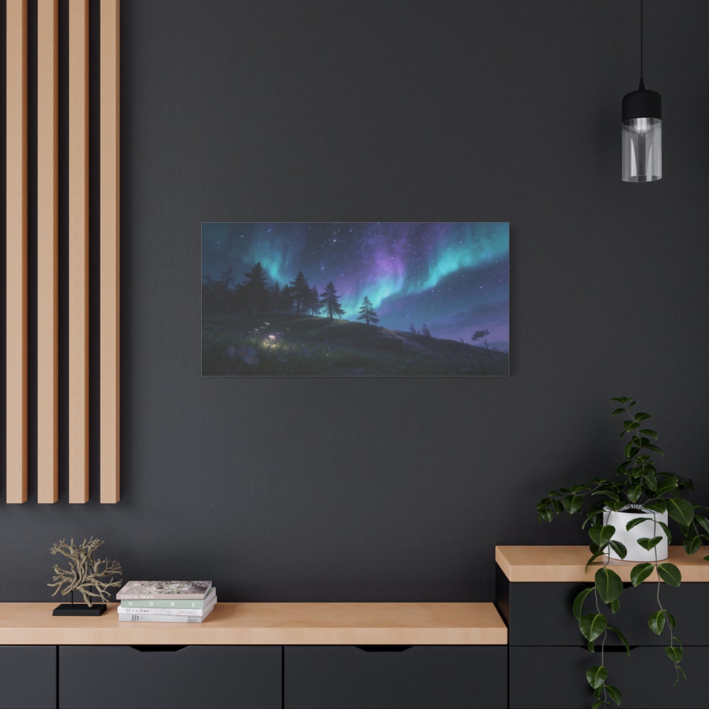 Northern Lights Canvas Wall Art - Aurora Borealis Night Sky Landscape Print, Starry Forest Meadow, Calming Contemporary Decor - Living Room Wall Decor, Bedroom Home Decoration - Modern Farmhouse Style