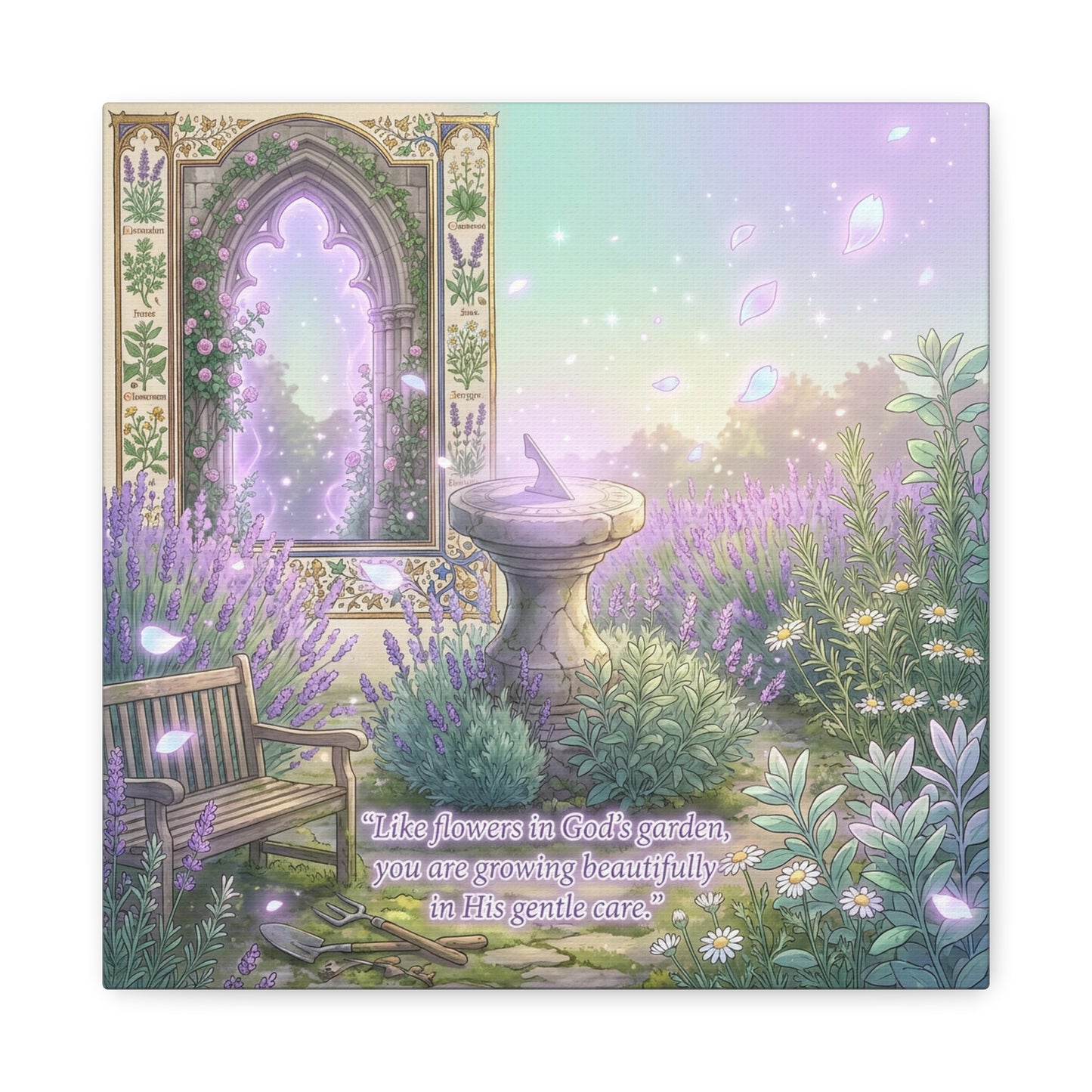 "Like Flowers In God's Garden, You Are Growing Beautifully In His Gentle Care" Canvas Wall Art - Lavender Garden Arch, Sundial Bench - Pastel Botanical Decor For Bedroom Living Room - Office Wall Art