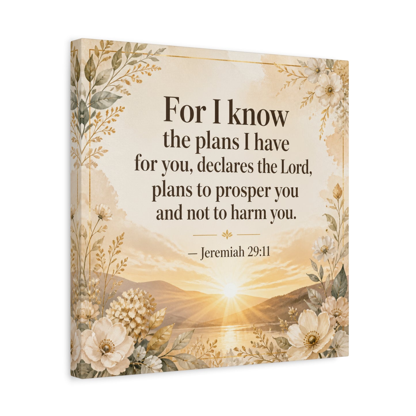 "For I Know The Plans I Have For You" Bible Verse Canvas Wall Art - Jeremiah 29:11 Floral Scripture Print, Gold Sunrise Landscape, Christian Wall Decor For Bedroom, Living Room - Ready to Hang