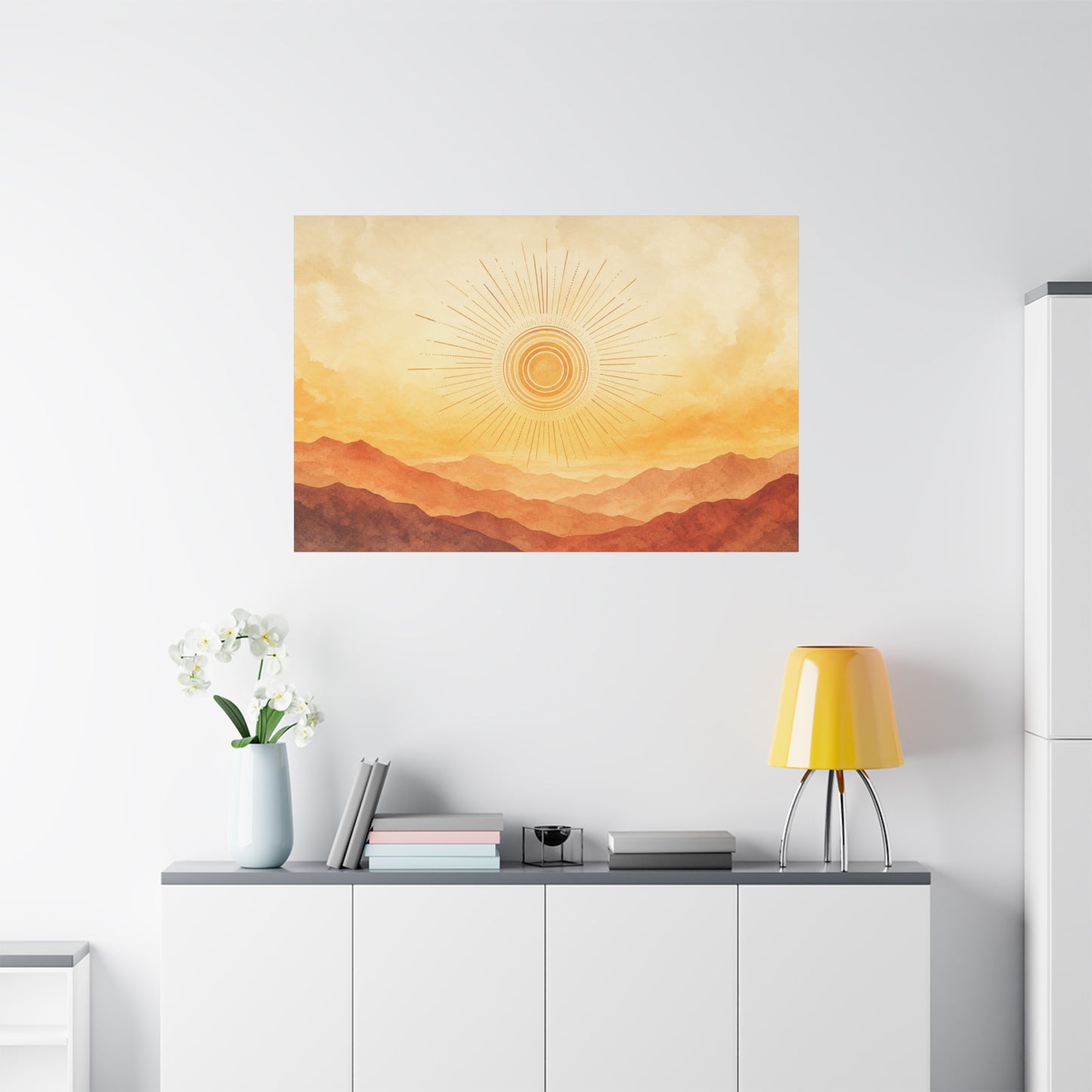 Sunburst Desert Mountain Canvas Wall Art - Golden Watercolor Landscape Print, Contemporary Southwest Style - Living Room Wall Decor, Bedroom Home Decoration, Meditation Space Accent - Ready to Hang