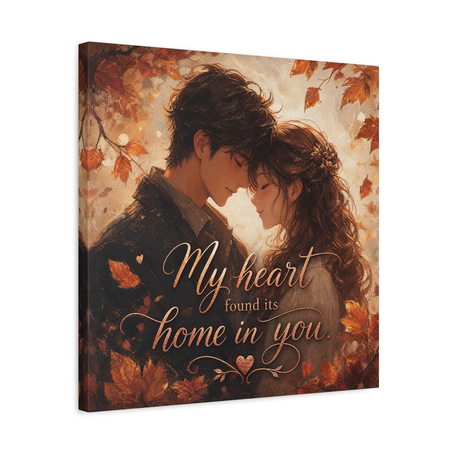 "My Heart Found Its Home In You" Romantic Couple Canvas Wall Art - Autumn Leaves Love Quote Print, Warm Rustic Traditional Style - Bedroom Wall Decor - Ready to Hang - Bedroom Home Decoration